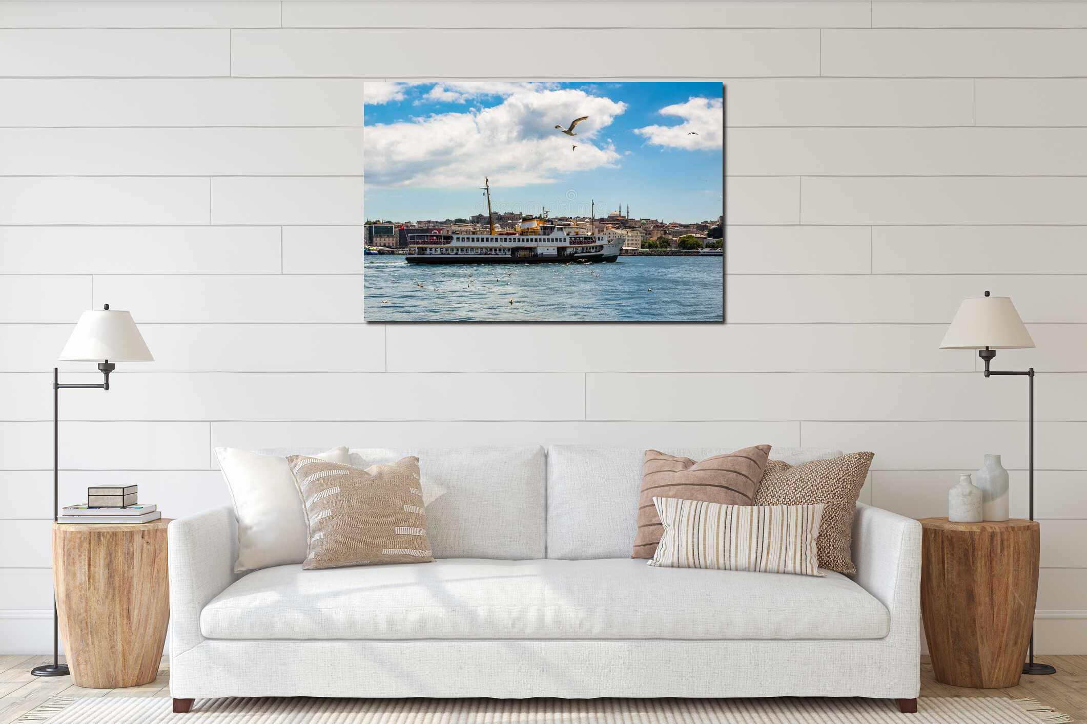 Ferry boat floating through the Golden Horn, seagulls flying in the sky, Istanbul, Turkey interior mockup
