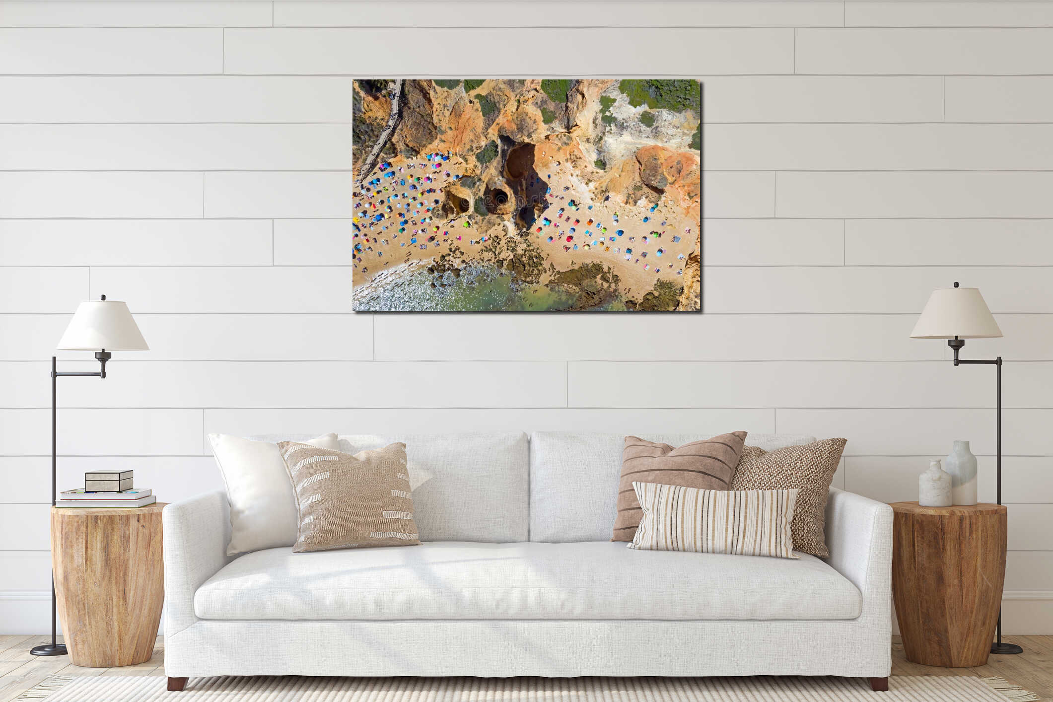 Aerial top shot from Praia do Camillo near Lagos in the Algarve Portugal interior mockup