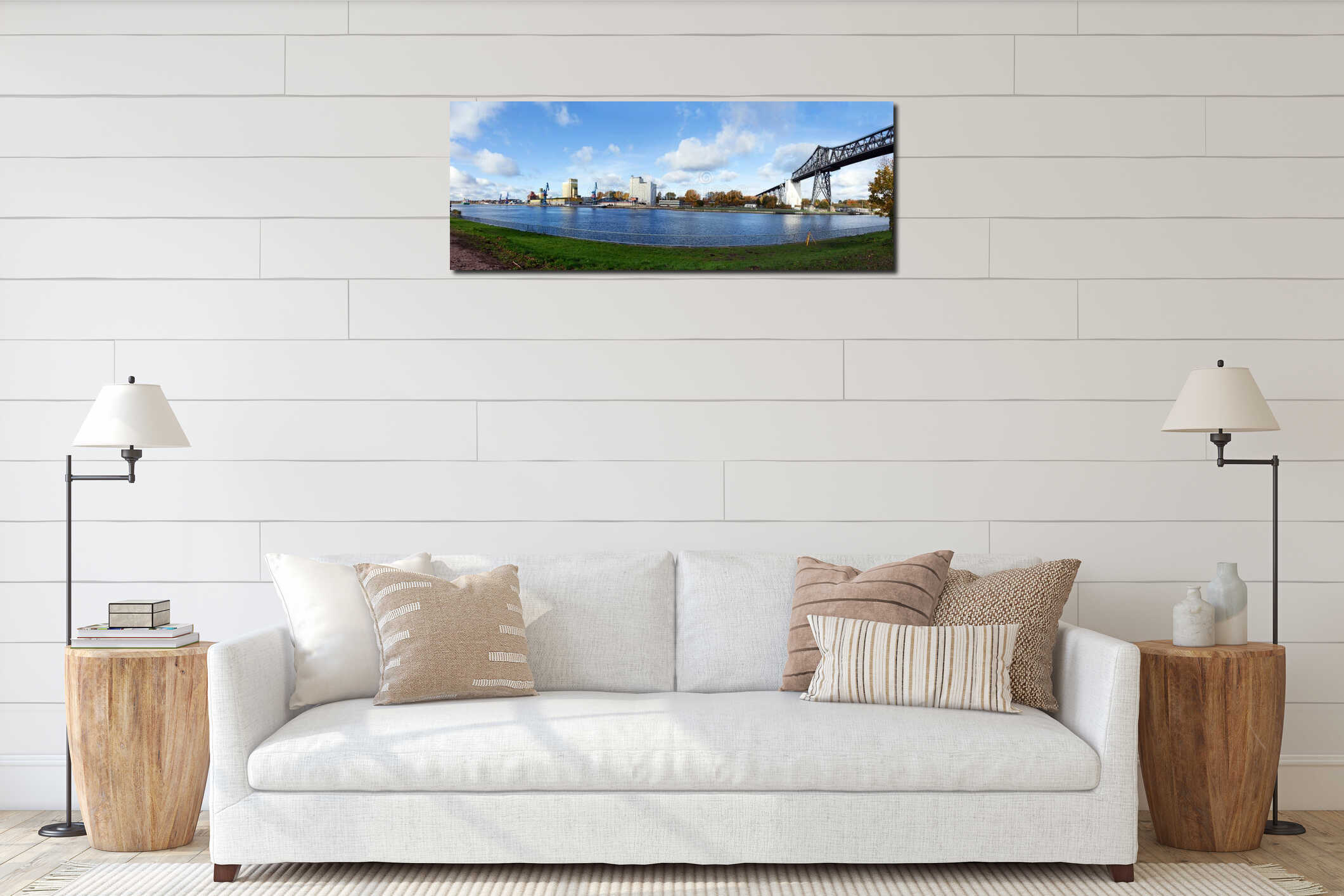 Harbour of Rendsburg with the historical railway bridge in Germany interior mockup