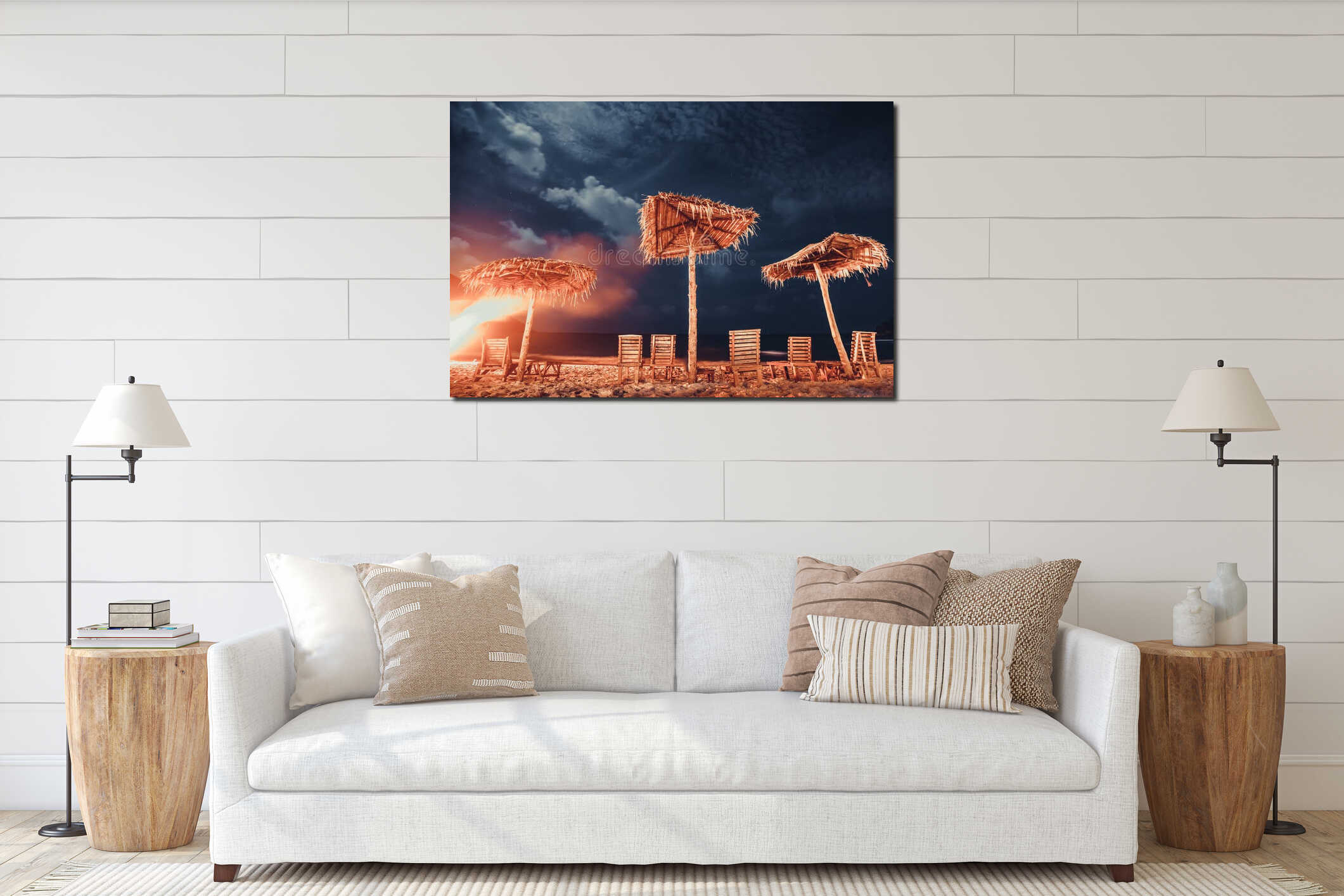 Tropical beach night: lounger, umbrella on sand shore with stars on cloudy sky interior mockup