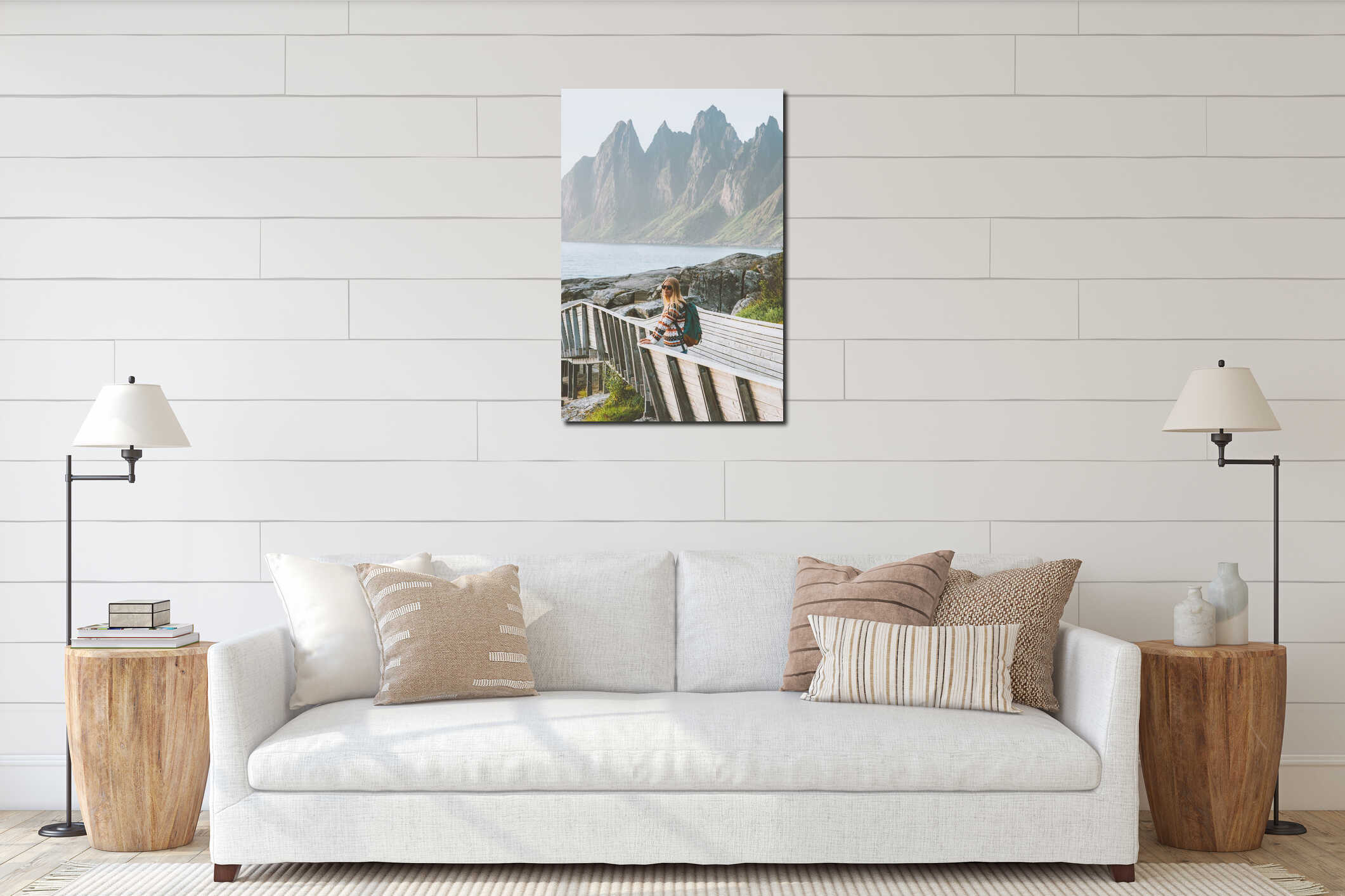 Woman tourist sightseeing landscape Okshornan peaks view traveling in Norway interior mockup