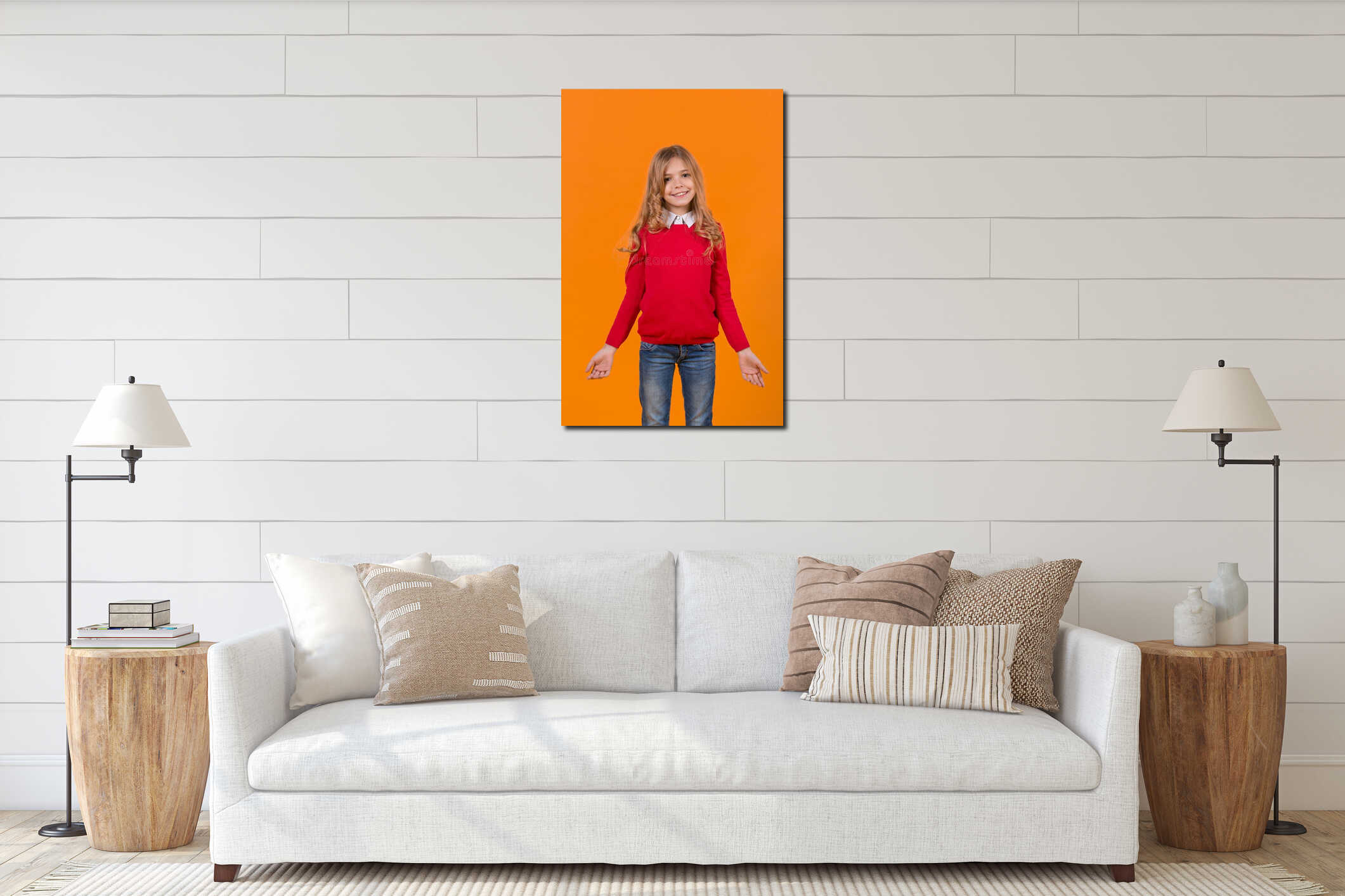 Girl child with smile in red sweater and blue jeans interior mockup