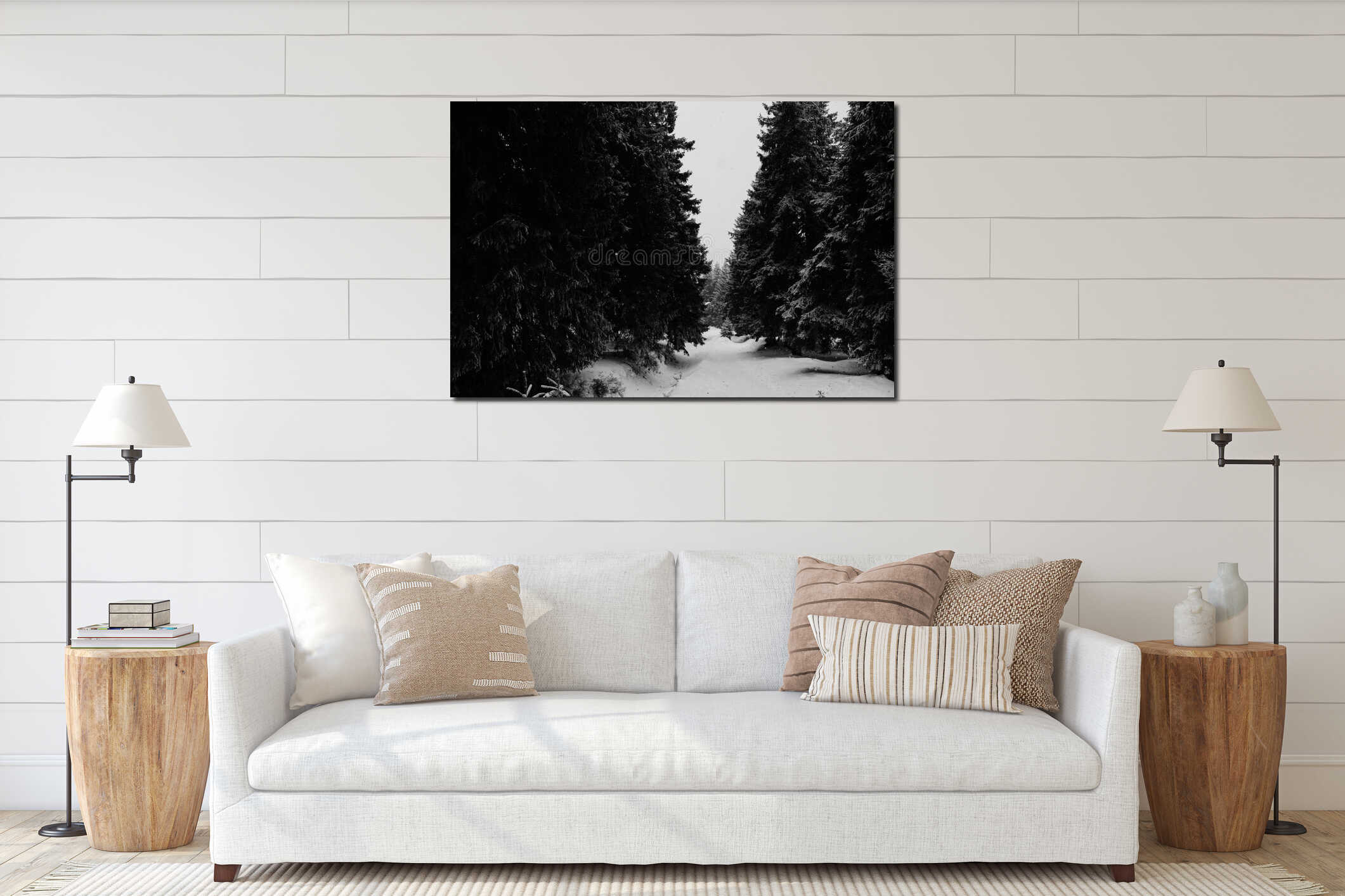 Snowy footpath in the mountains. interior mockup