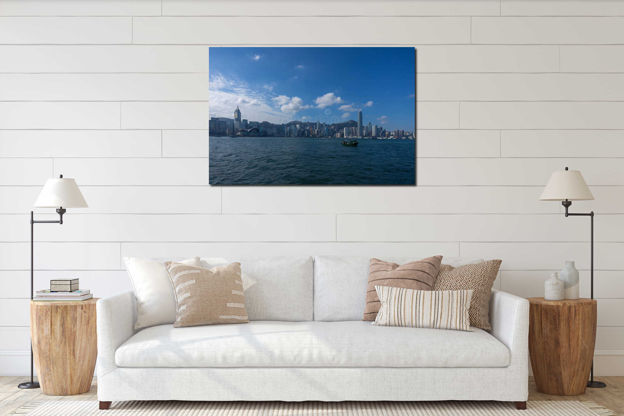 Hong Kong, Victoria harbour. In the background, high skyscrapers behind which you can see Victoria peak. interior mockup