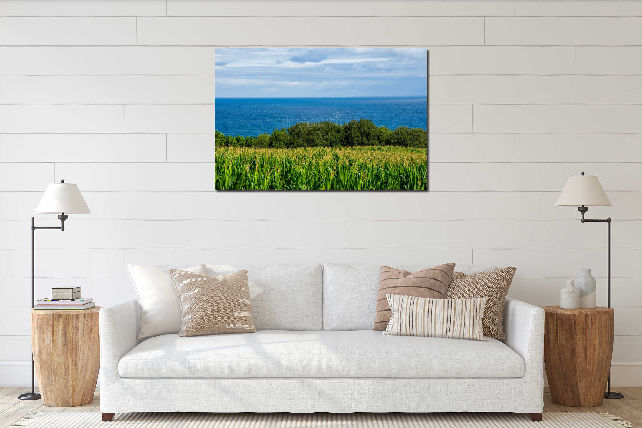 Seascape with corn fields, a sunny summer morning, horizontally, in Cantabria interior mockup
