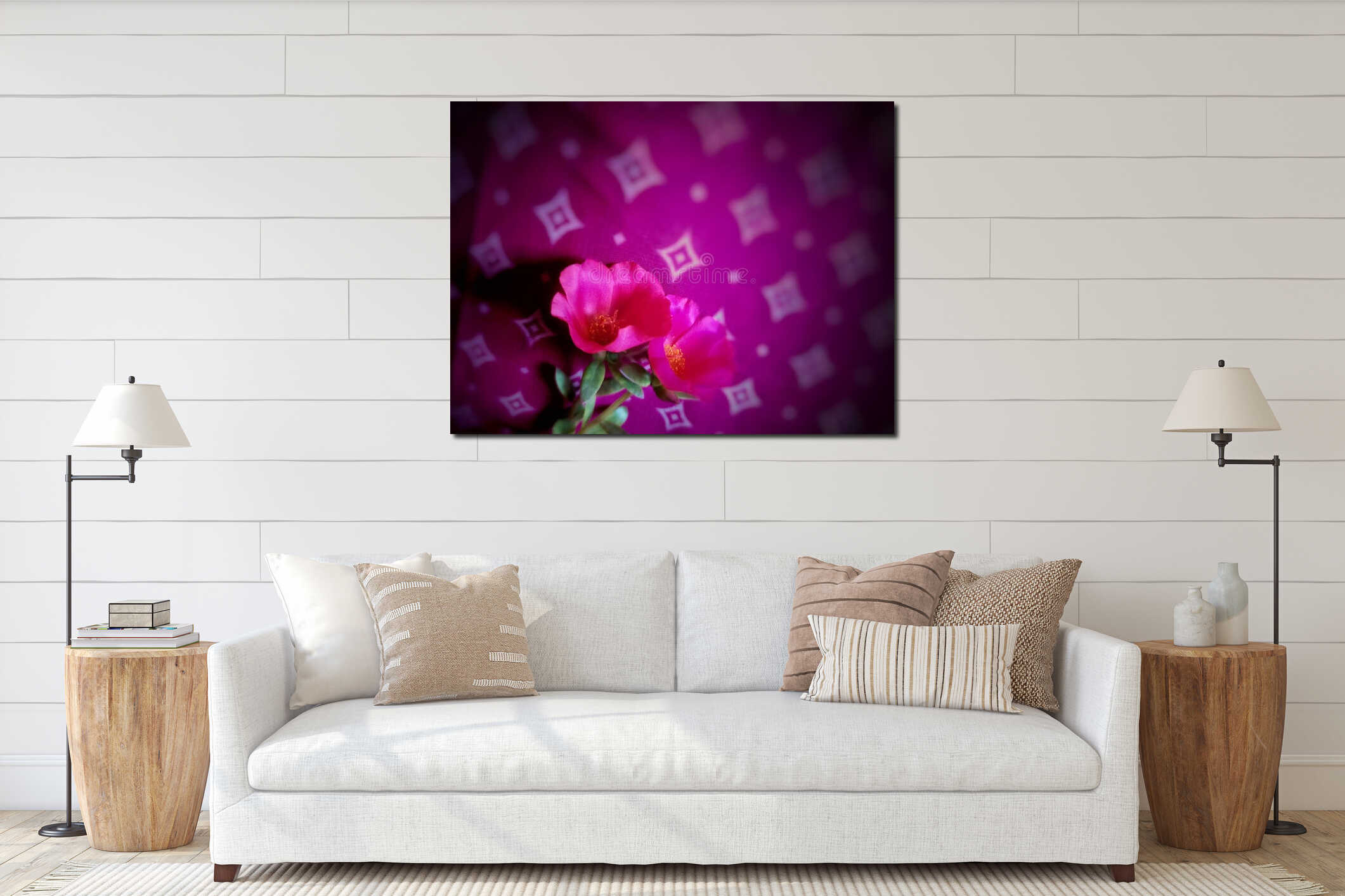 Pretty red flowers of prime rose on pink diamond seamless fabric design background interior mockup