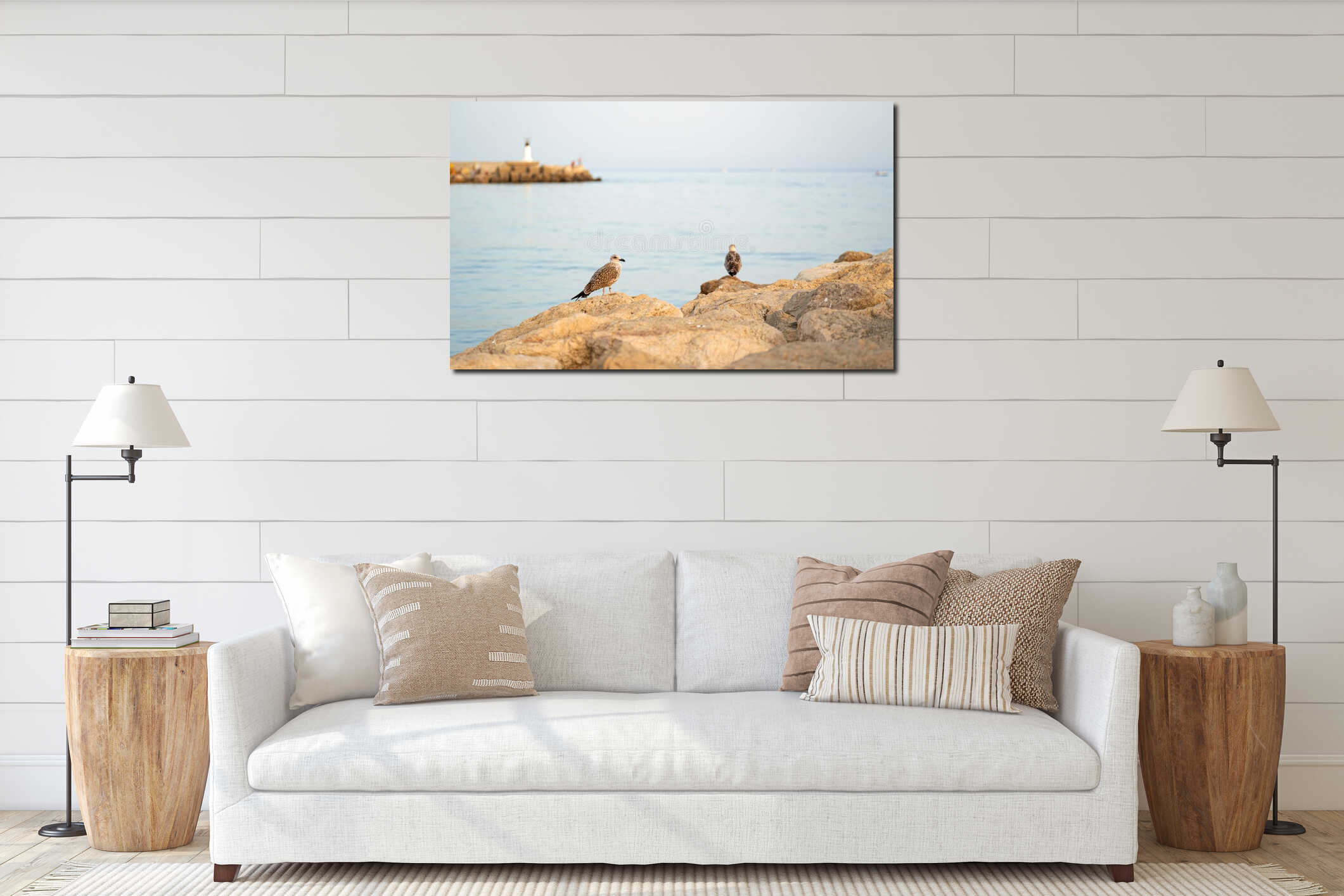 Pair of seagulls posing on the beach rocks interior mockup
