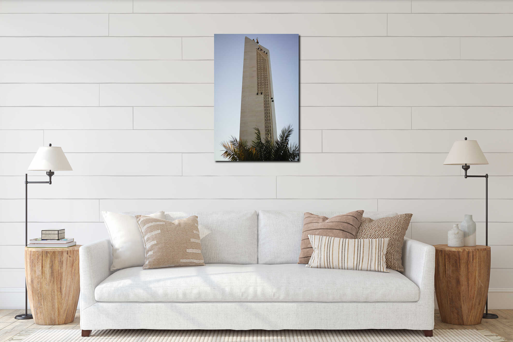 Islamic Mosque Minaret tower, Modern design with sunrise background interior mockup