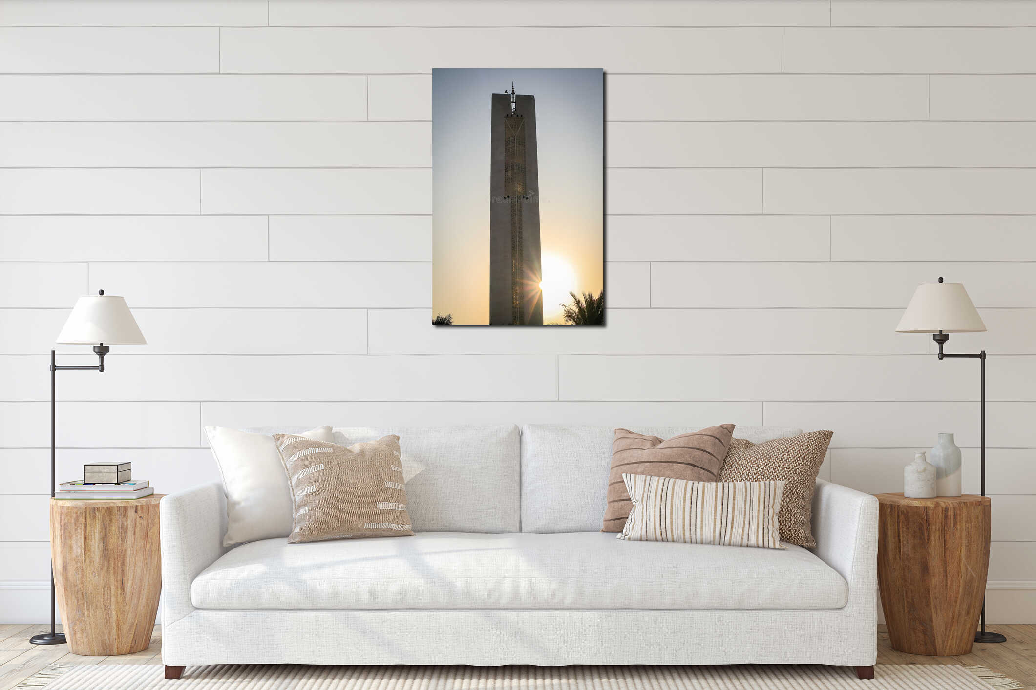 Islamic Mosque Minaret tower, Modern design with sunrise background interior mockup