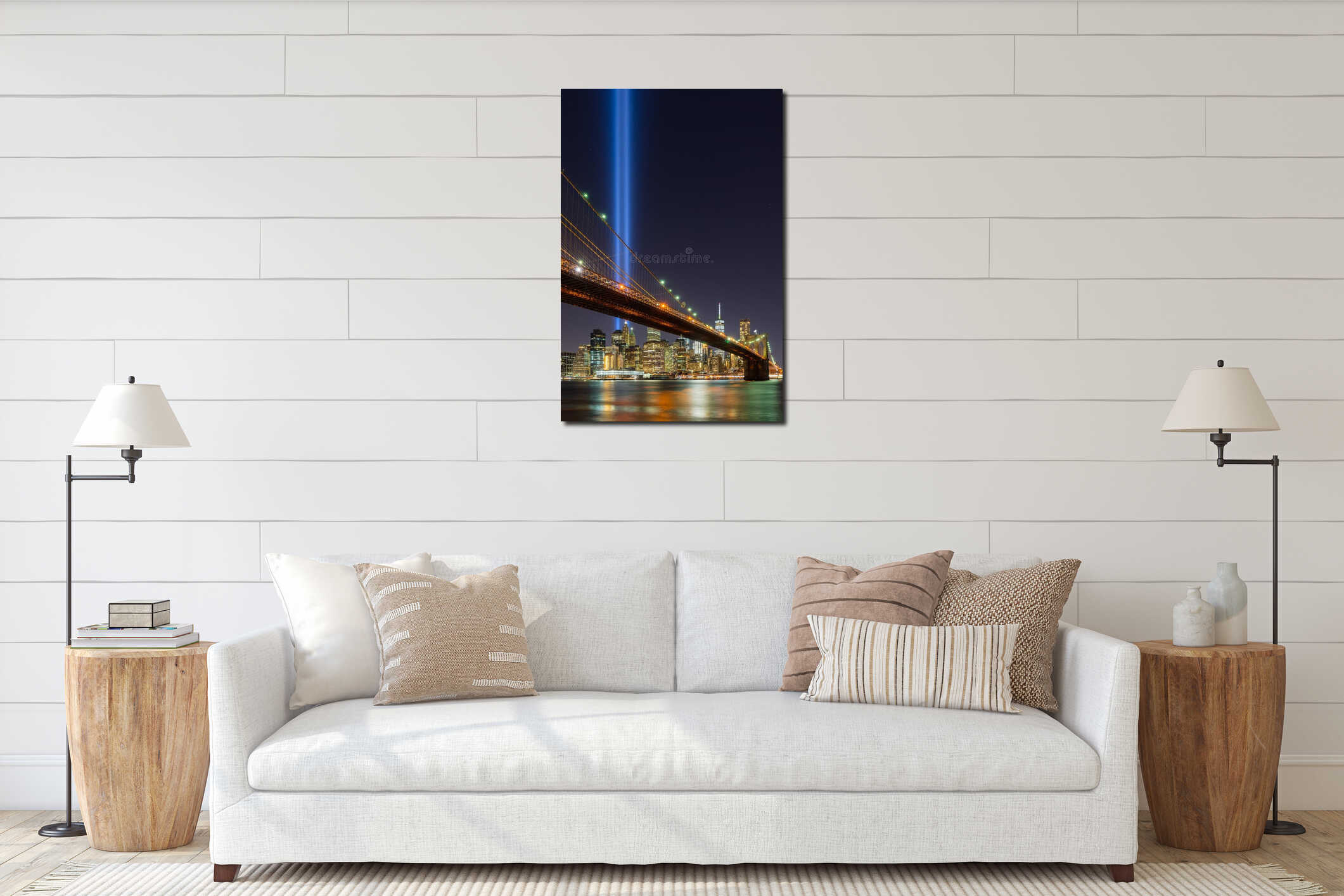 Tribute in Light with the Brooklyn Bridge and the skycrapers of Lower Manhattan. Financial District, New York City interior mockup