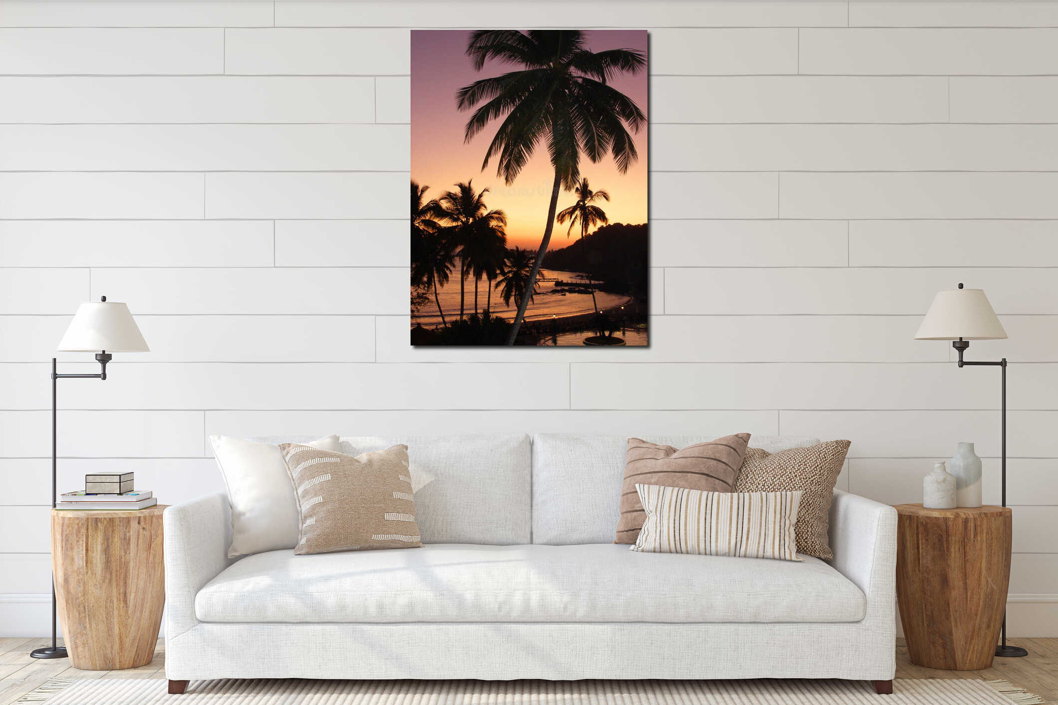 Black silhouettes of palm trees, evening view, coast and sunset sky. interior mockup