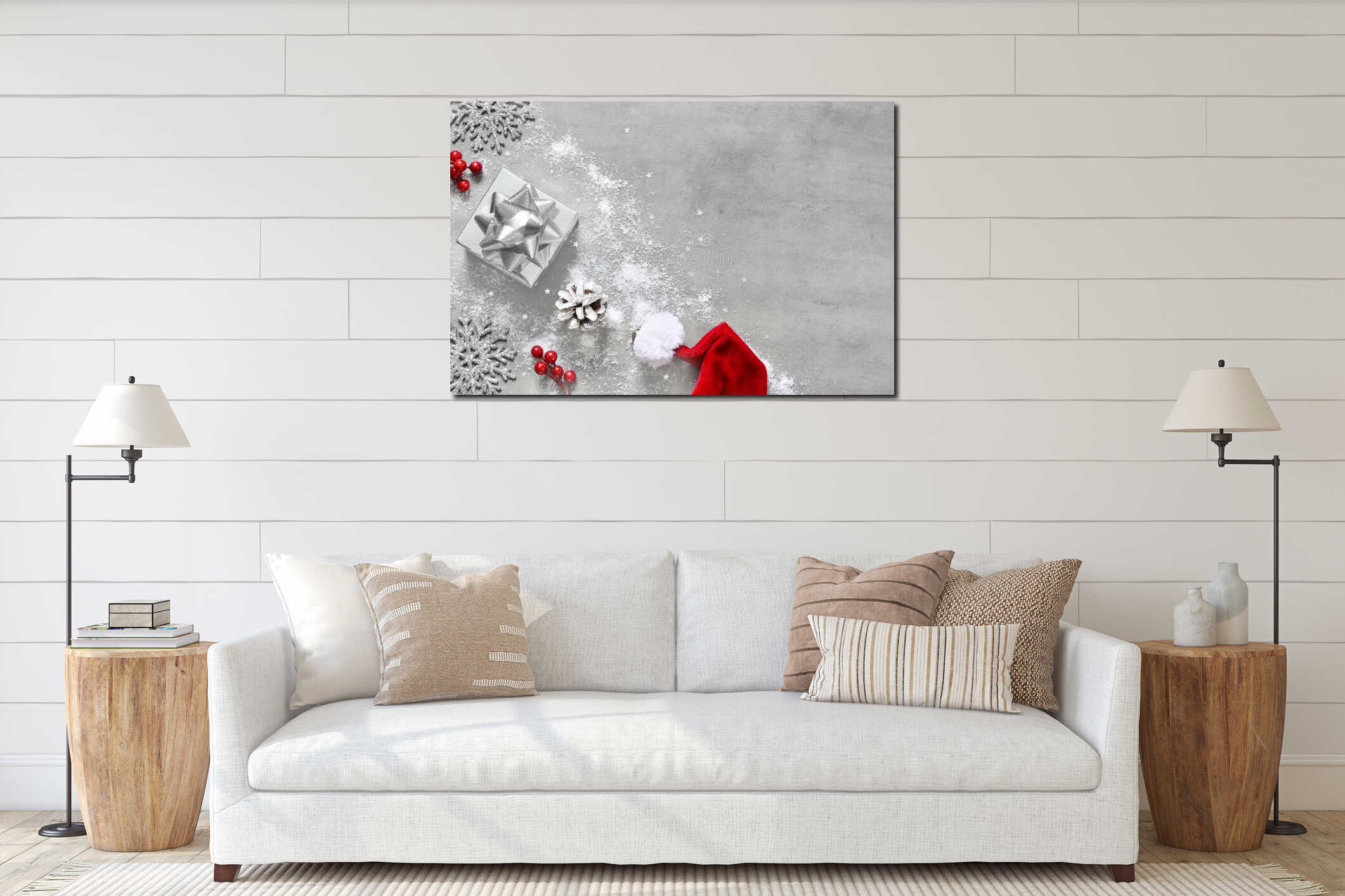 Christmas silver handmade gift box on gray background top view. Merry Christmas greeting card. Winter xmas holiday. Happy New Year interior mockup