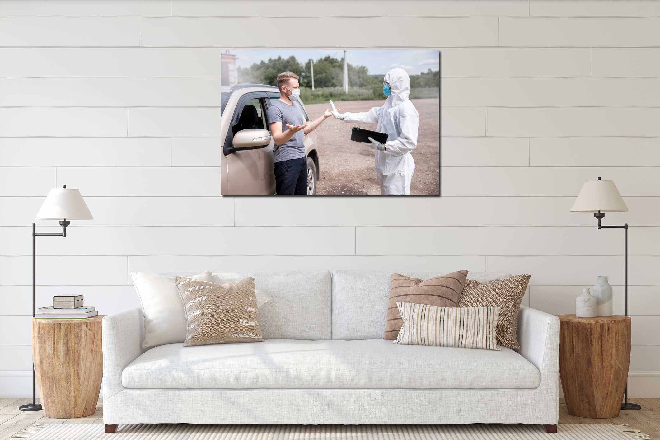 Concept ban driver car travel coronavirus. Doctor in protective virus suit taking registering for COVID-19 tablet interior mockup