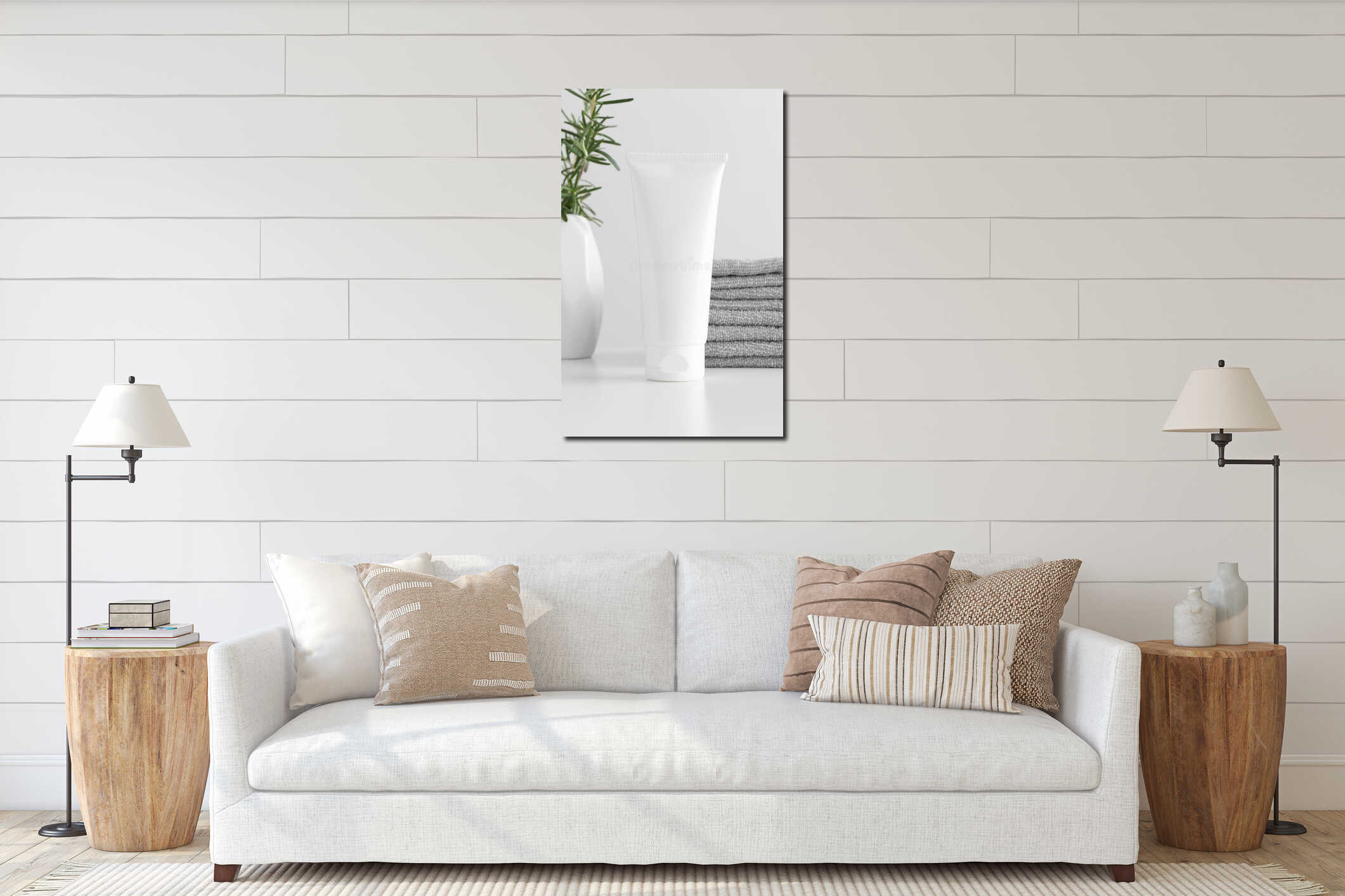 White tube cream mockup with towels and a rosemary on a white table interior mockup
