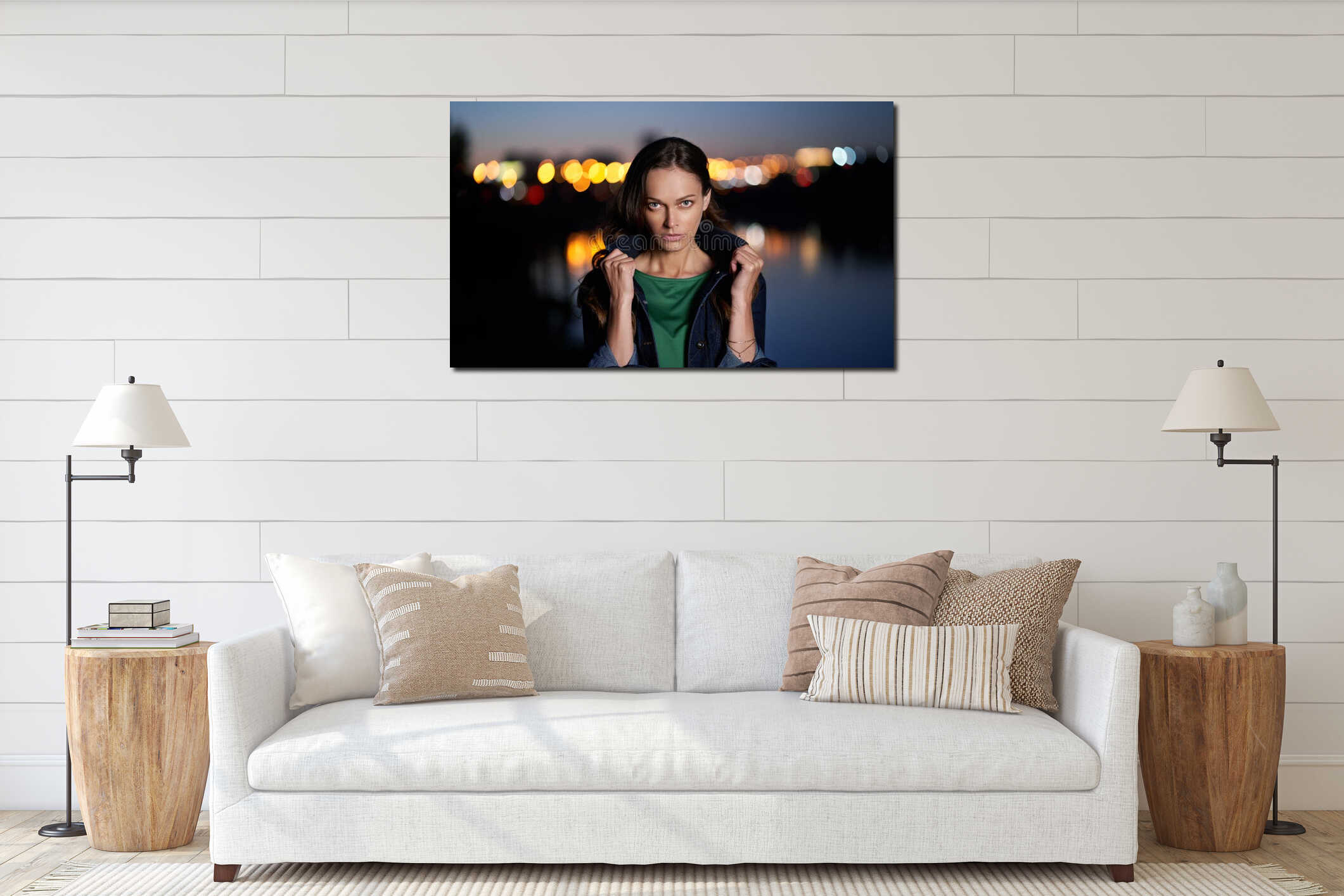 Portrait of a pretty woman. Night city lights on background interior mockup