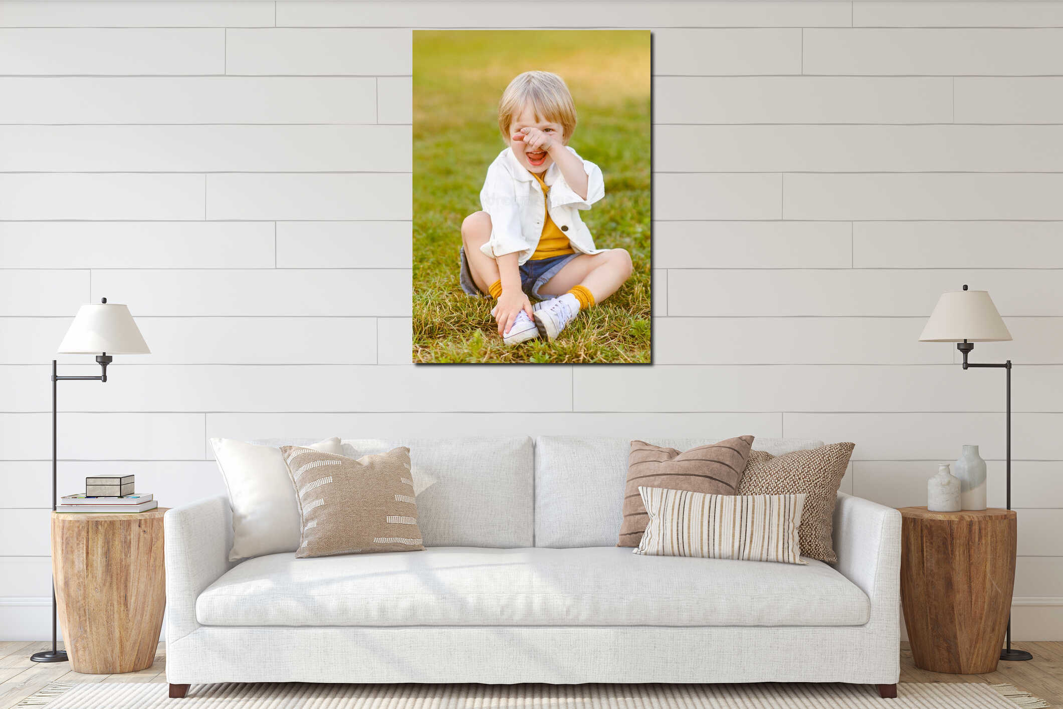 Portrait of little model boy interior mockup