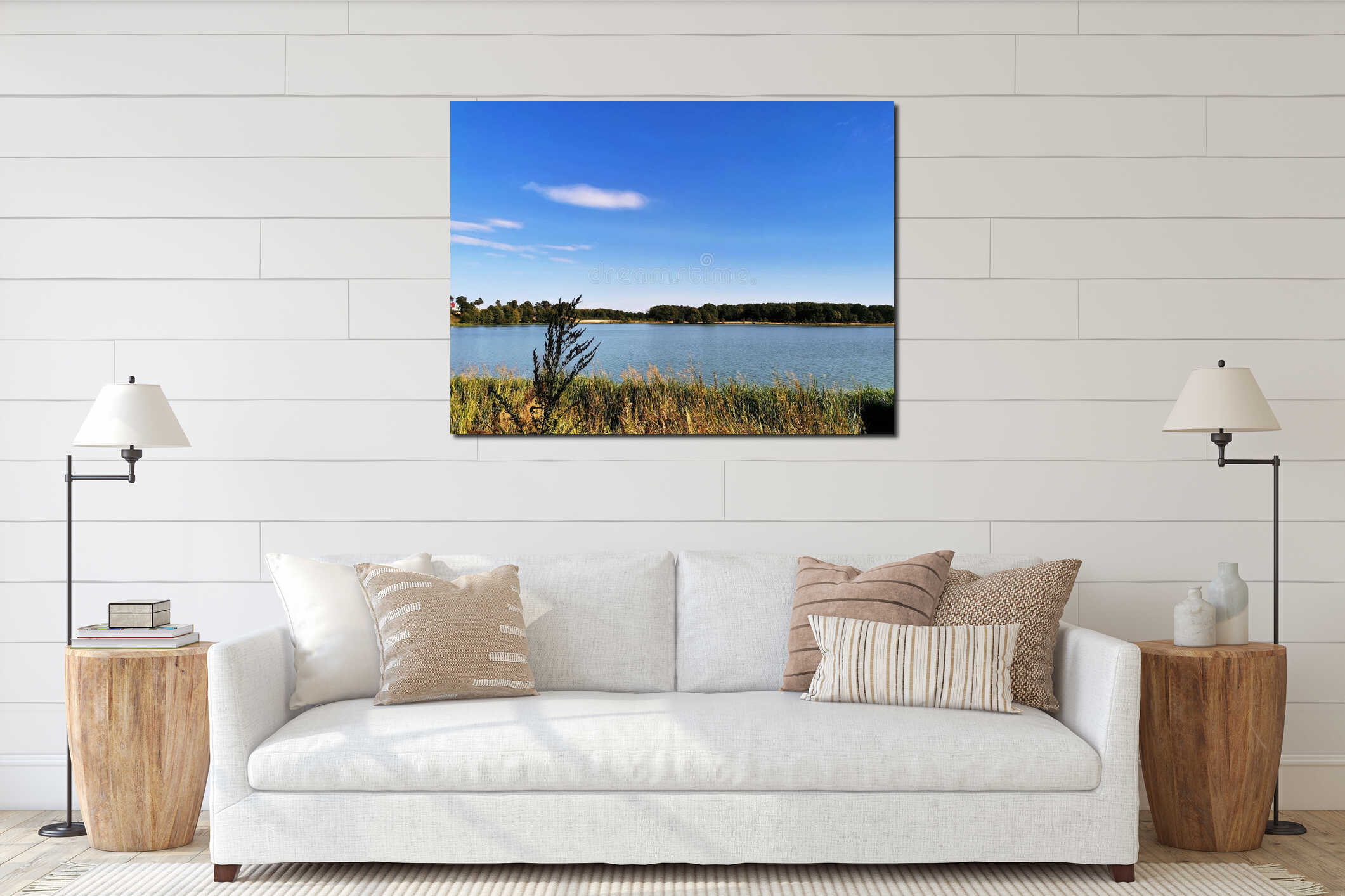 Wood on the coast of lake in august interior mockup