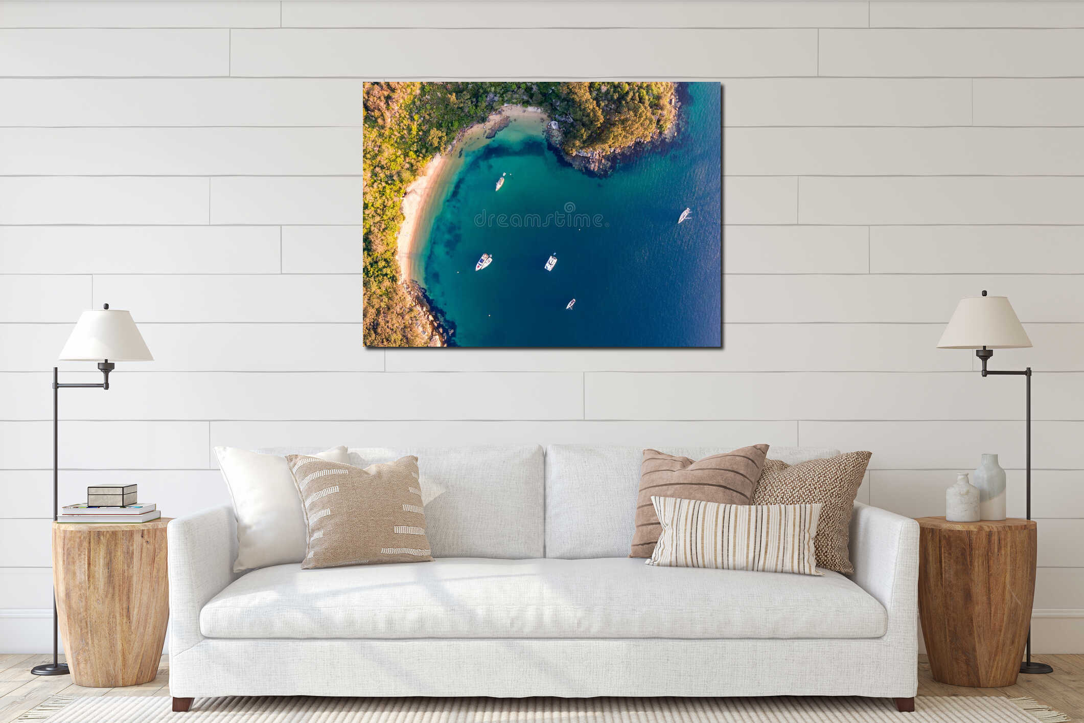 Aerial drone bird`s eye view of sailboats and yachts anchored at Store Beach near Quarantine Station in Manly interior mockup