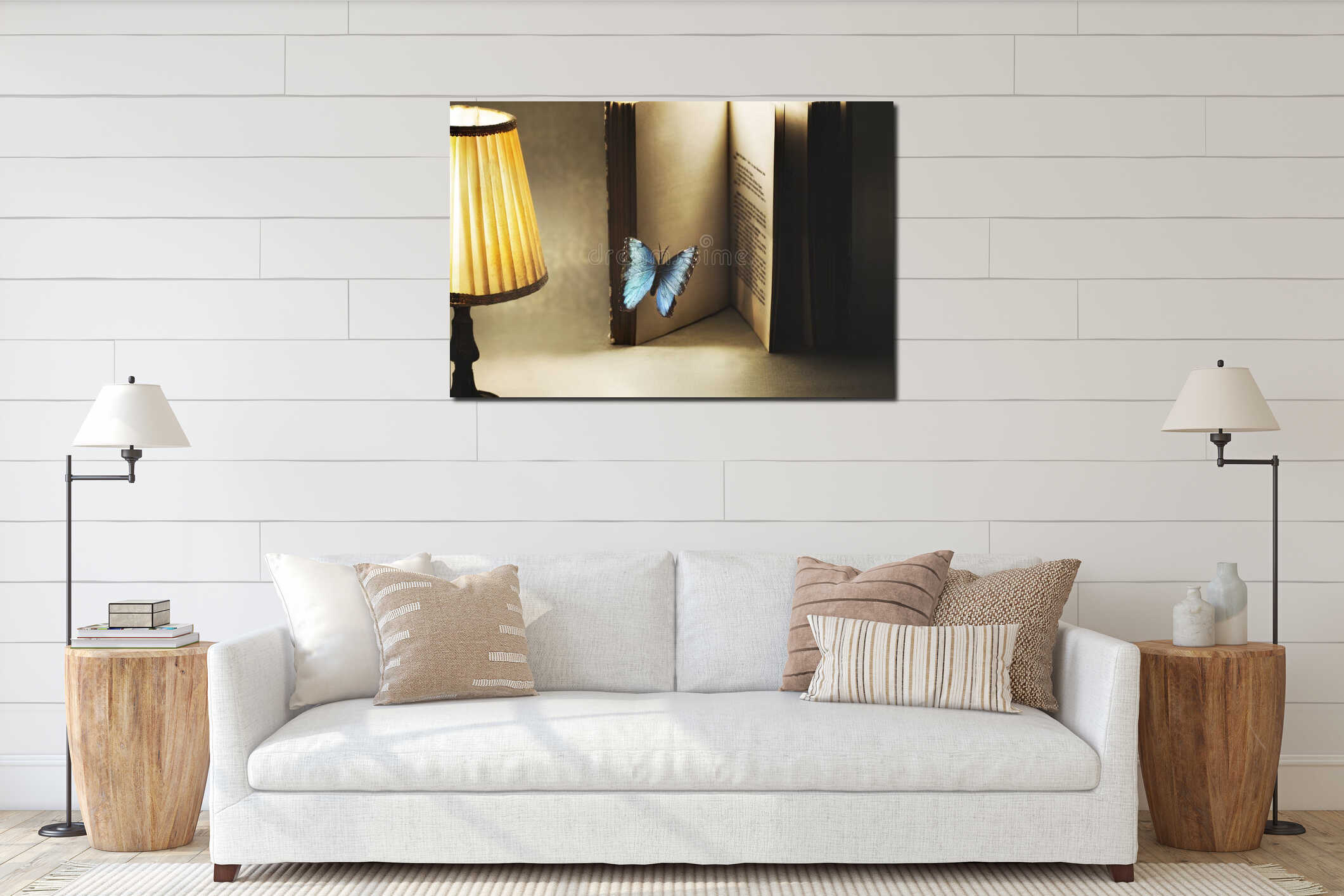 Surreal and imaginative moment of a butterfly entering the pages of a book for a new story interior mockup