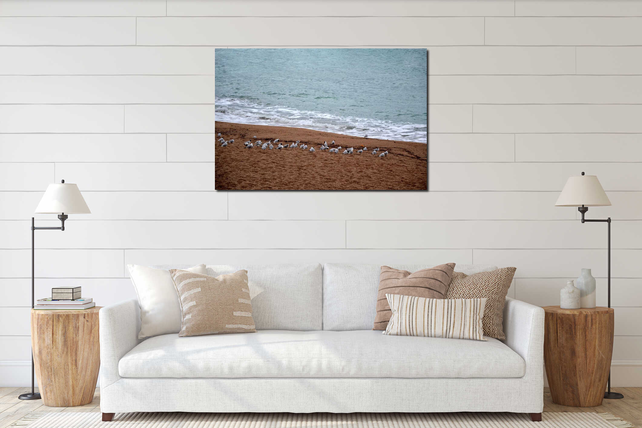 Golden beach, sand, sea with waves and white group of seagull birds in monaco interior mockup
