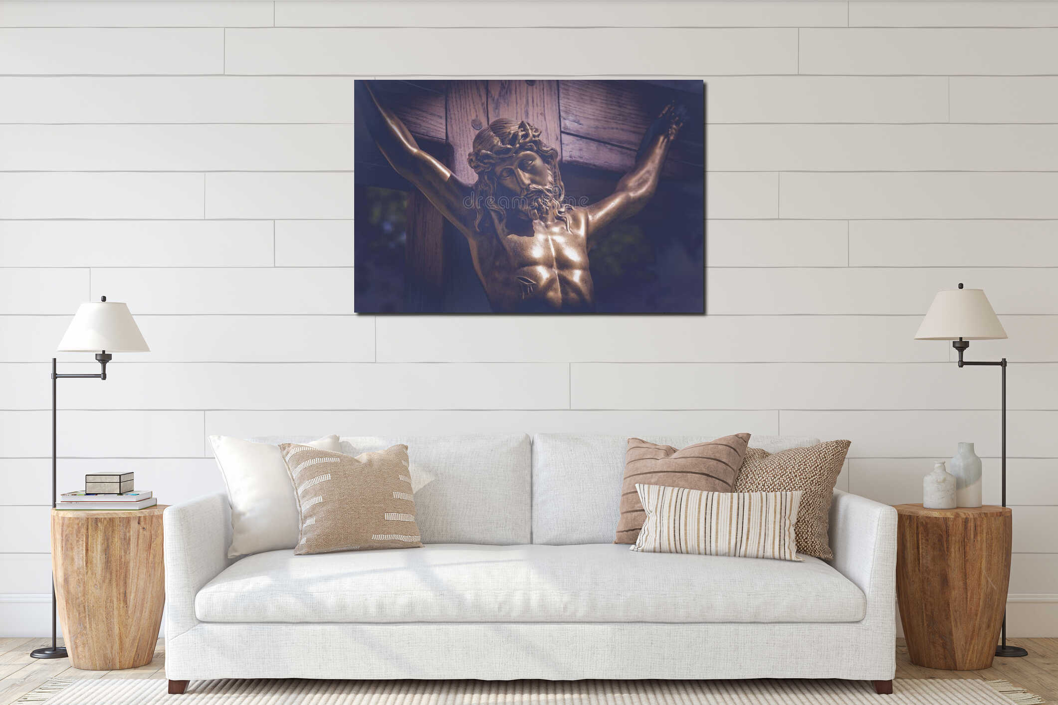 Close up crucifixion of Jesus Christ. Retro styled image interior mockup