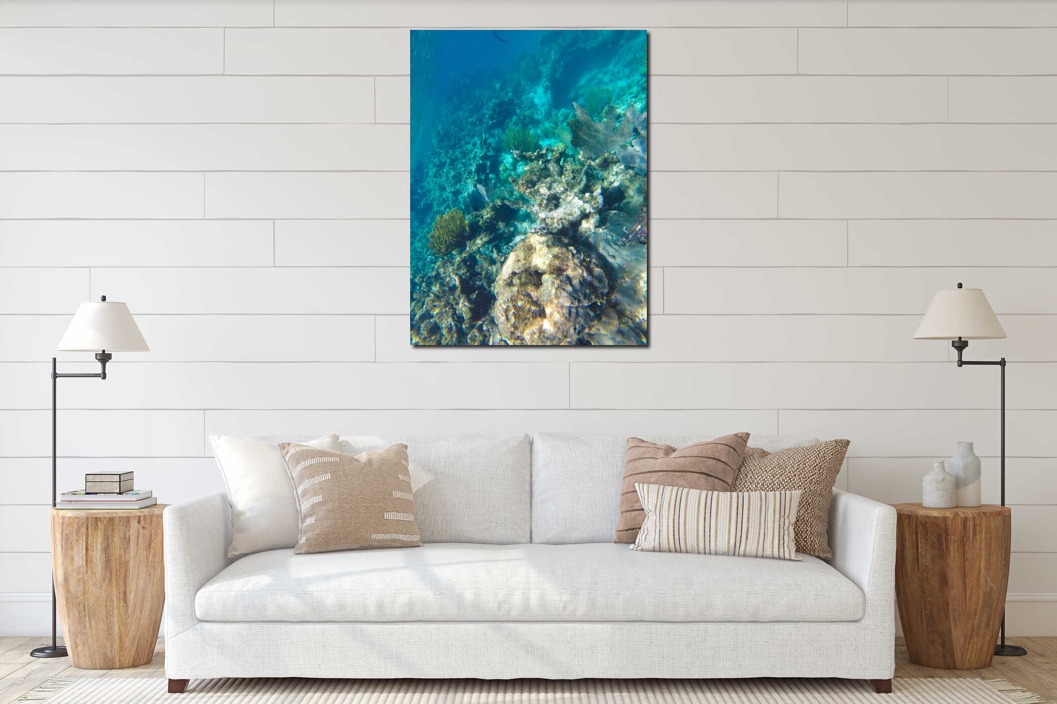Vertical closeup shot of coral reefs taken from underwater interior mockup