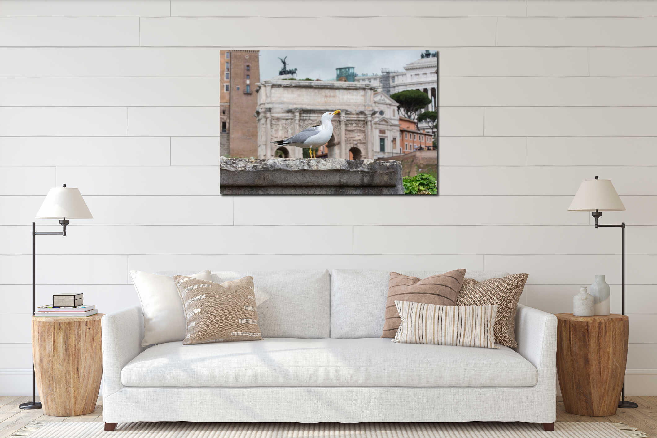 Seagull resting on stone wall in the Roman Forum interior mockup