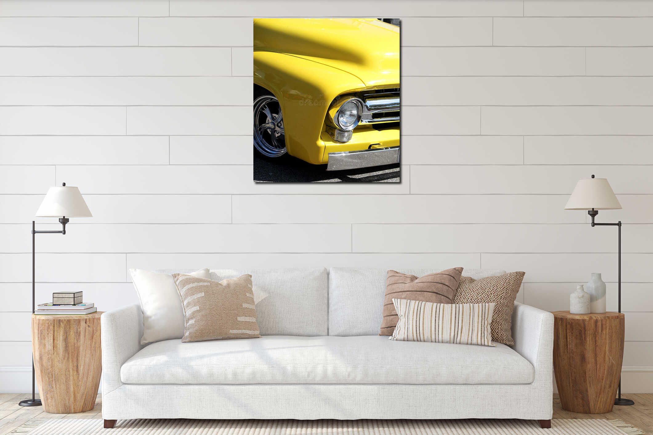 Vertical closeup shot of a retro bright yellow car interior mockup