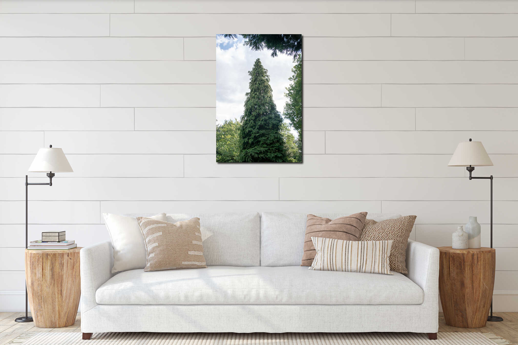 Vertical low angle shot of a green tree in a cone shape interior mockup