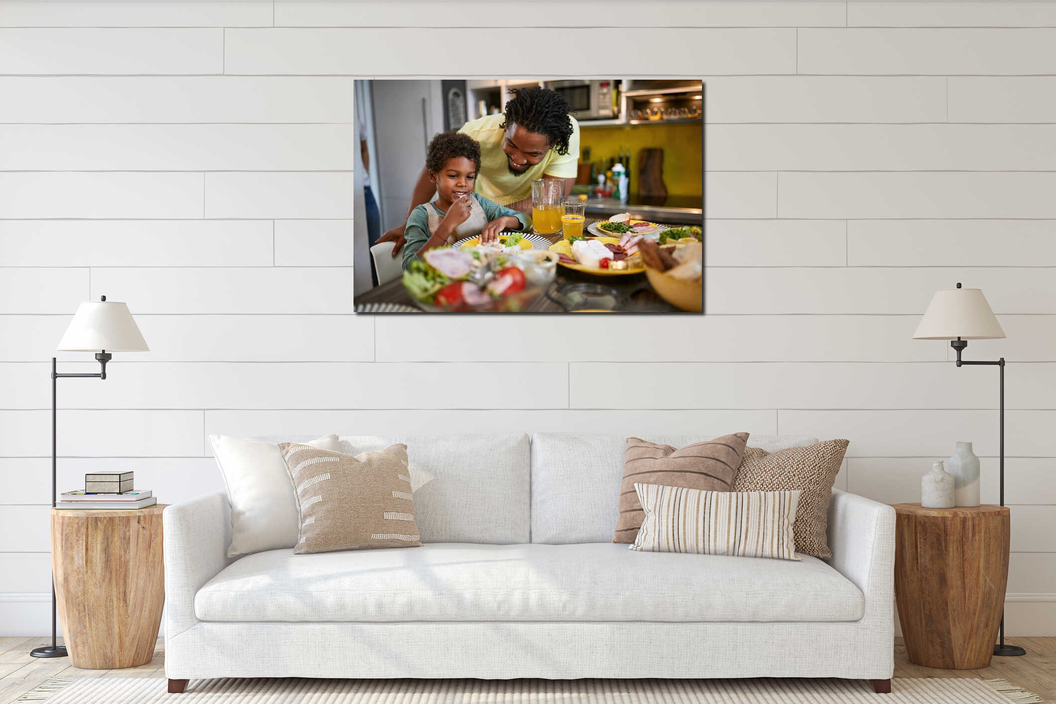 Afro-American male child eating in kitchen interior mockup