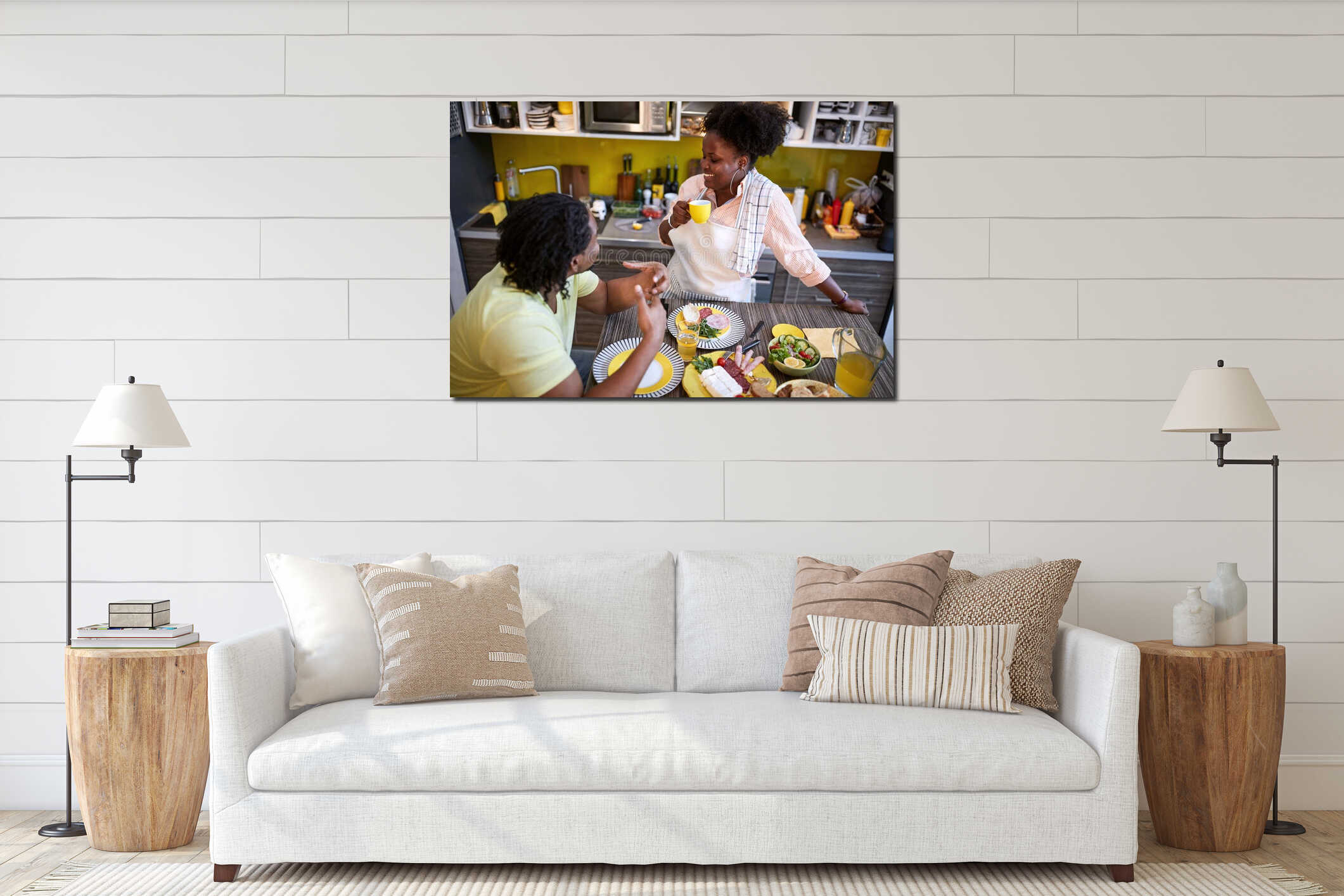 Afro-American male and female eating in kitchen interior mockup