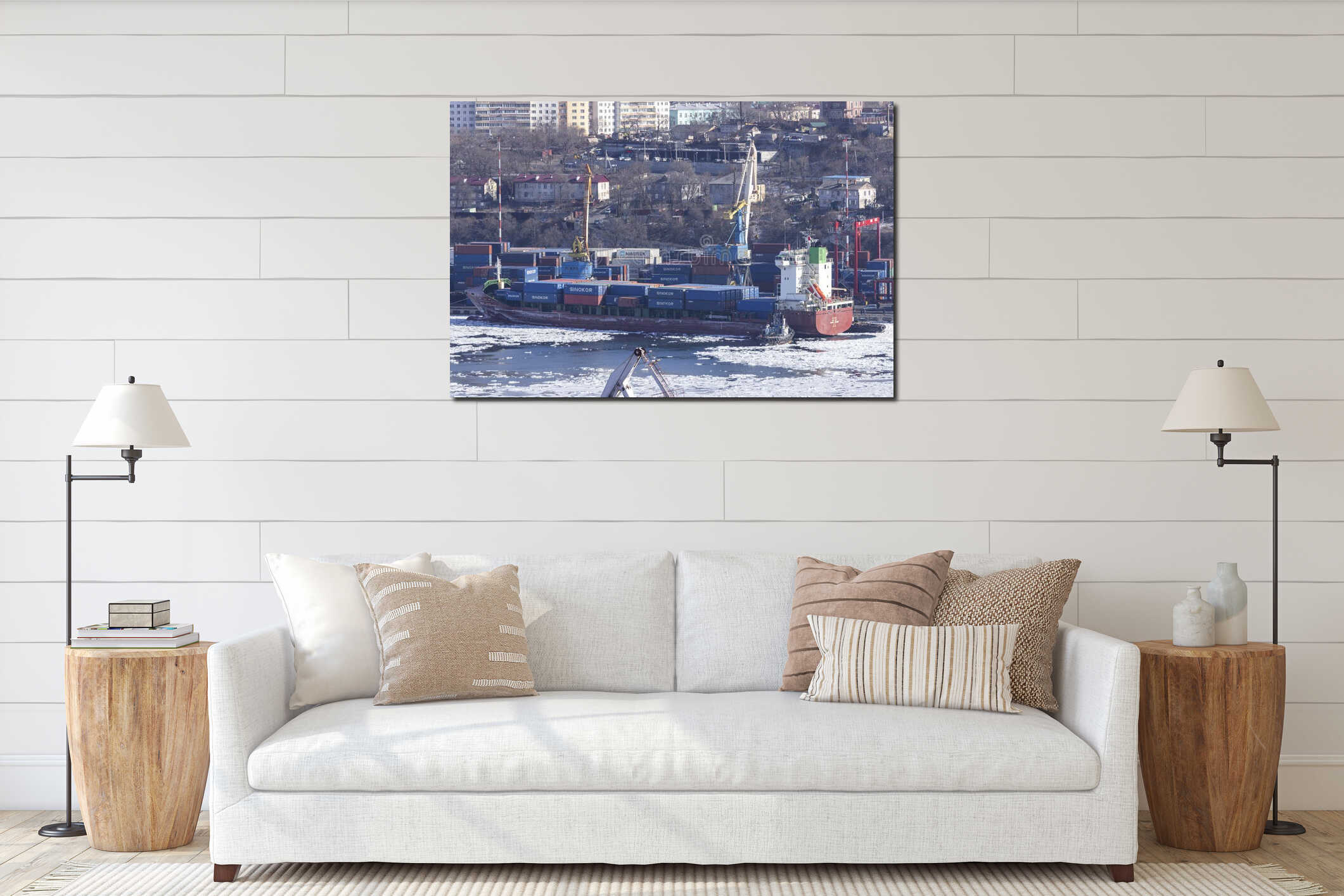 Ice-covered container ships loading at the pier at the port in the Golden Horn Bay interior mockup