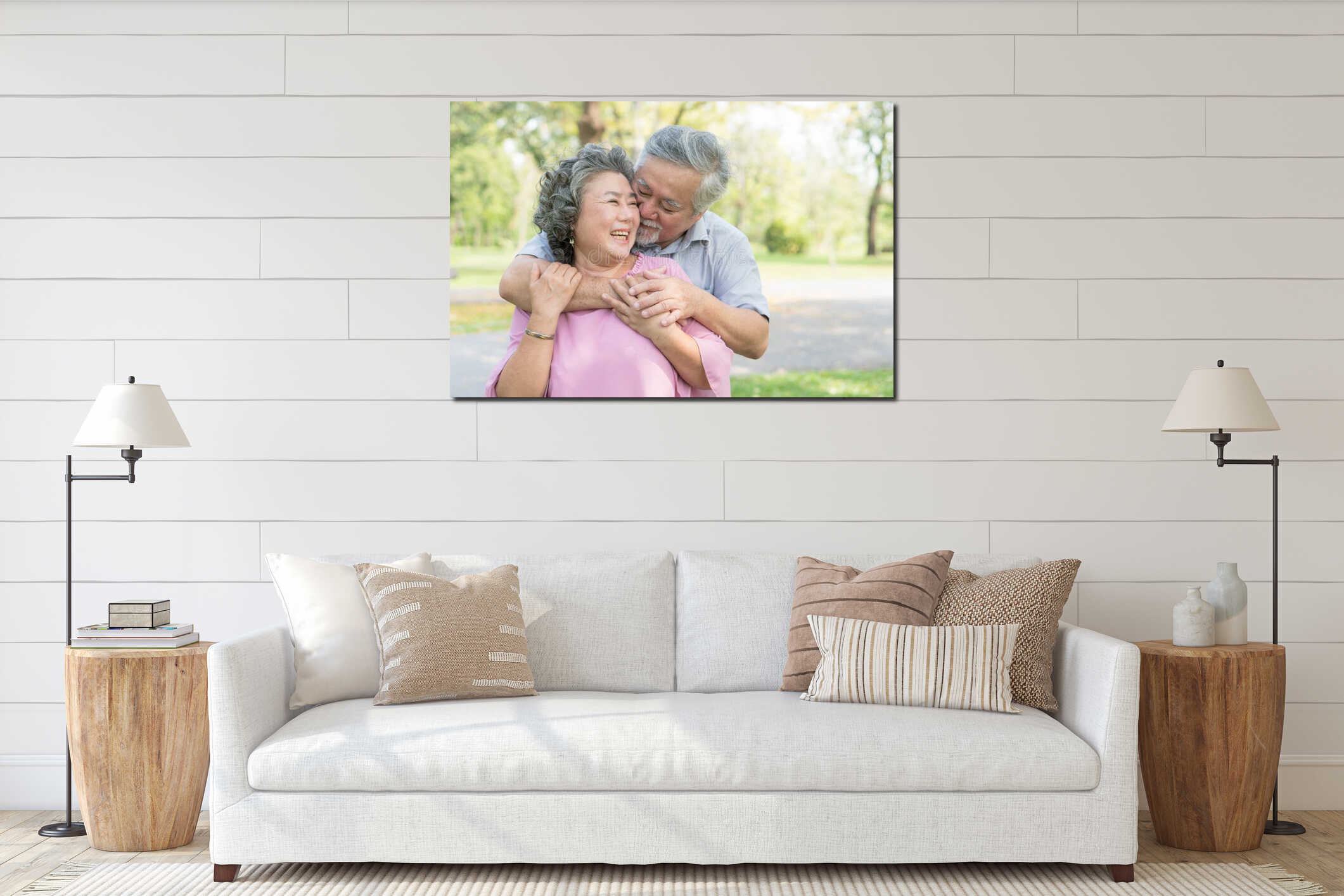 Romantic asian healthy senior couple looking each other eyes and relaxing in the park together. interior mockup