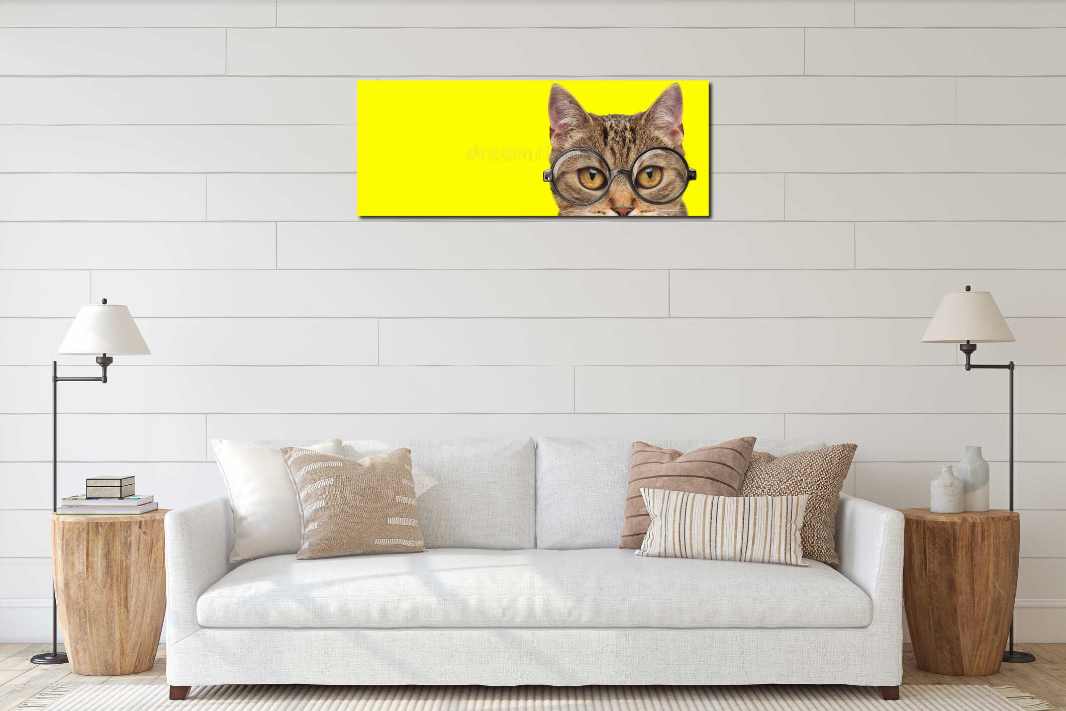 Adorable metis kitten with big eyes wearing glasses interior mockup