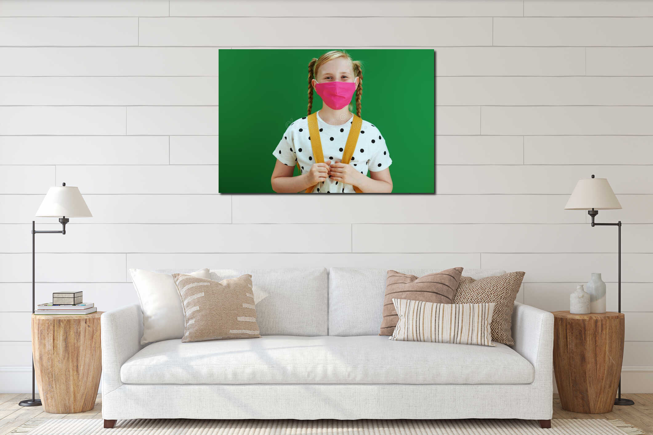Portrait of modern child with backpack and mask against green interior mockup