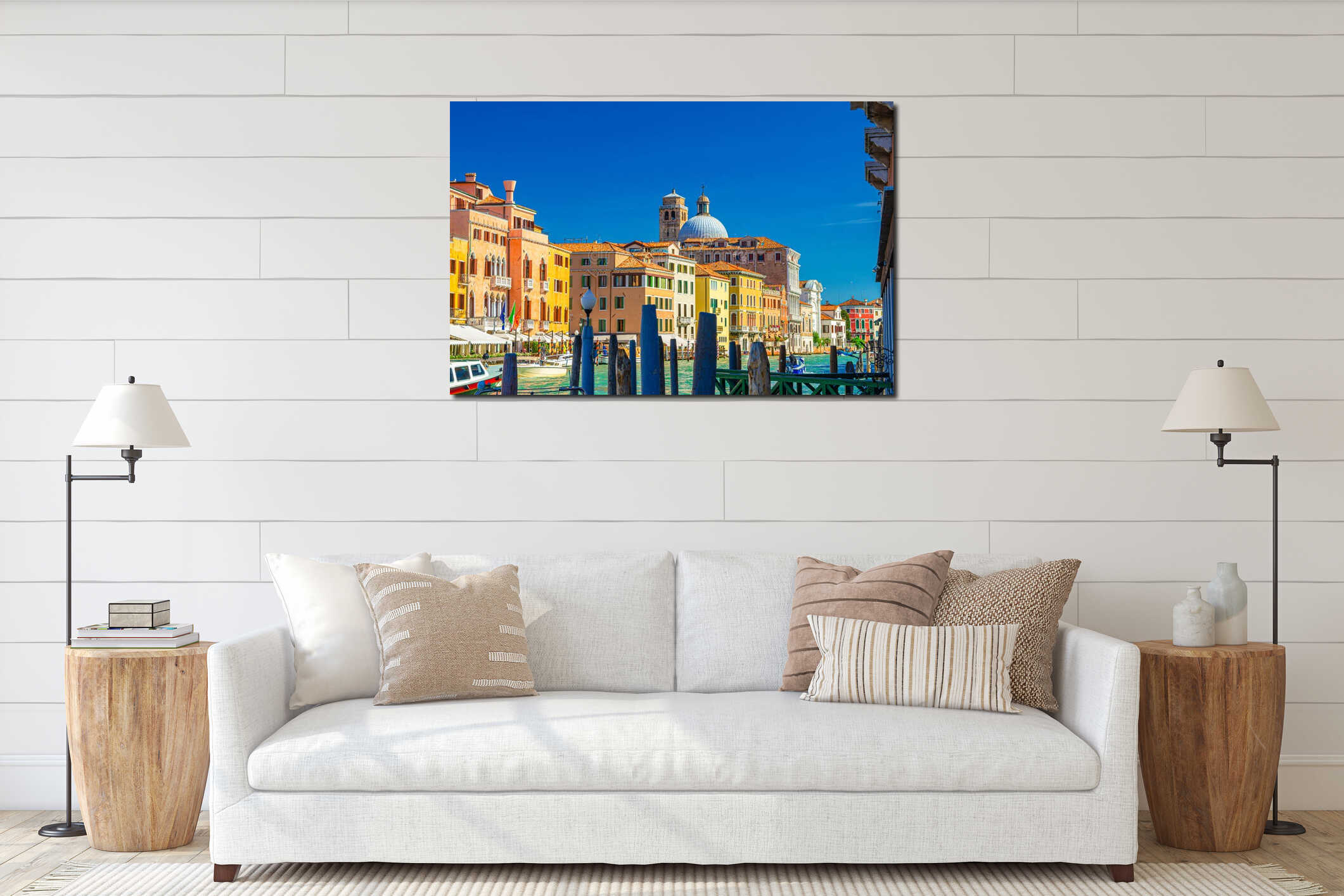 Venice Grand Canal waterway with old colorful buildings interior mockup