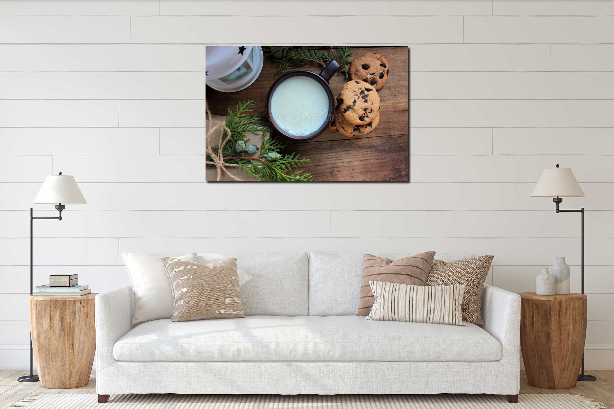 Cup of fresh milk with homemade chocolate chip cookies, craft gift box, evergreen twigs, and Christmas lantern on wooden backgroun interior mockup