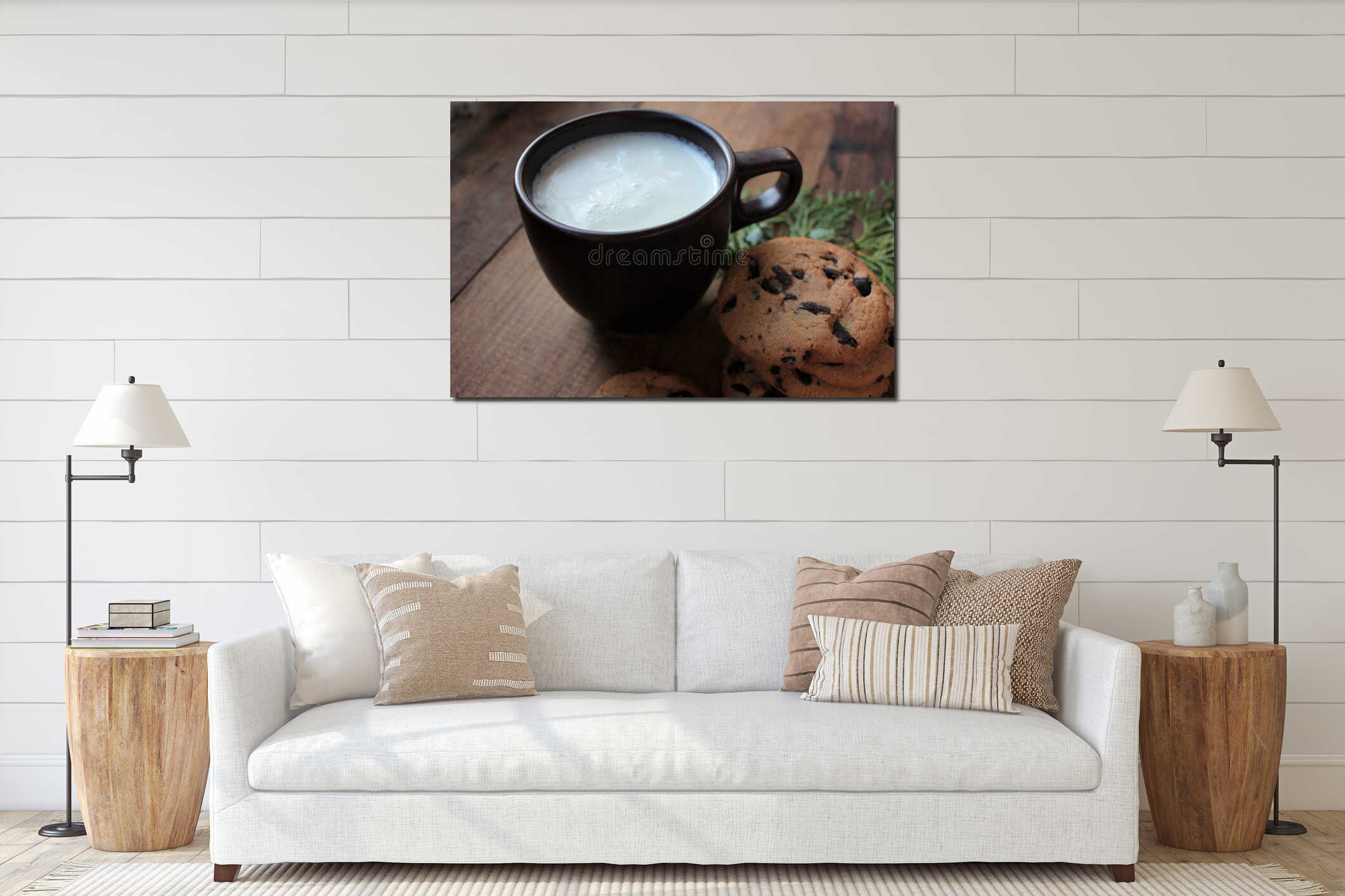 Cup of fresh milk with homemade chocolate chip cookies, and evergreen twigs on wooden background. Christmas treats concept. interior mockup