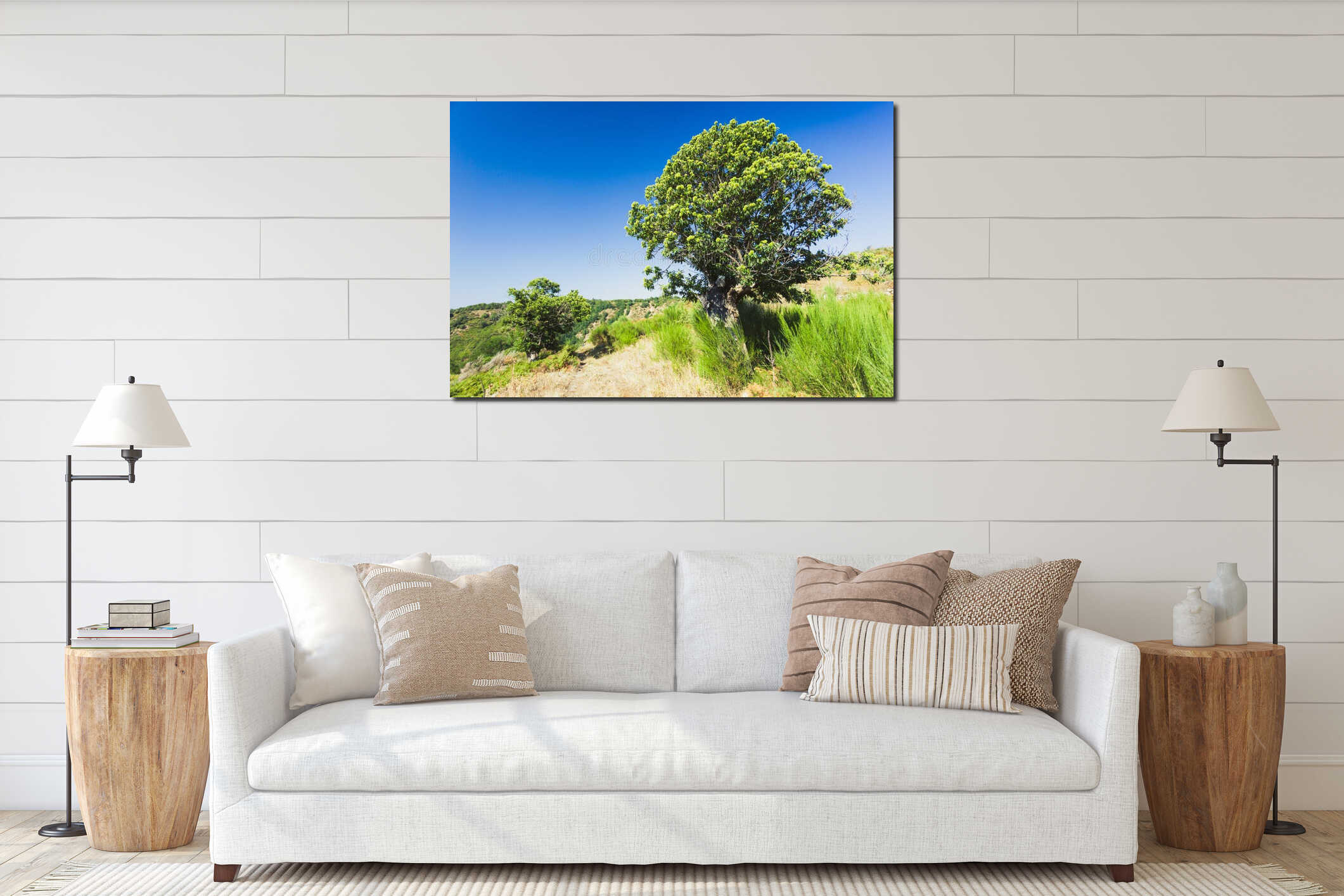 Beautiful landscape of green chestnut tree with fruits against blue sky somewhere in Aspromonte of Calabria interior mockup