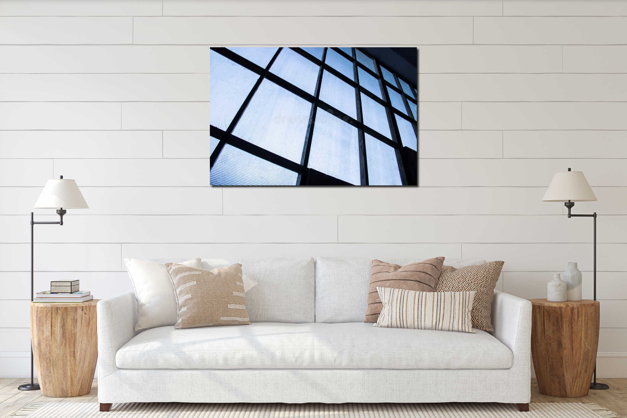 Selective focus abstract low angle view of warehouse windows interior mockup