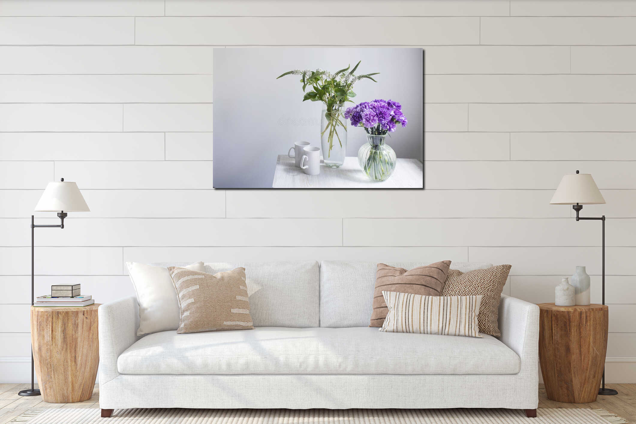 Bridal bouquets of lilac carnations in a four round glass vases different sizes as table decoration interior mockup