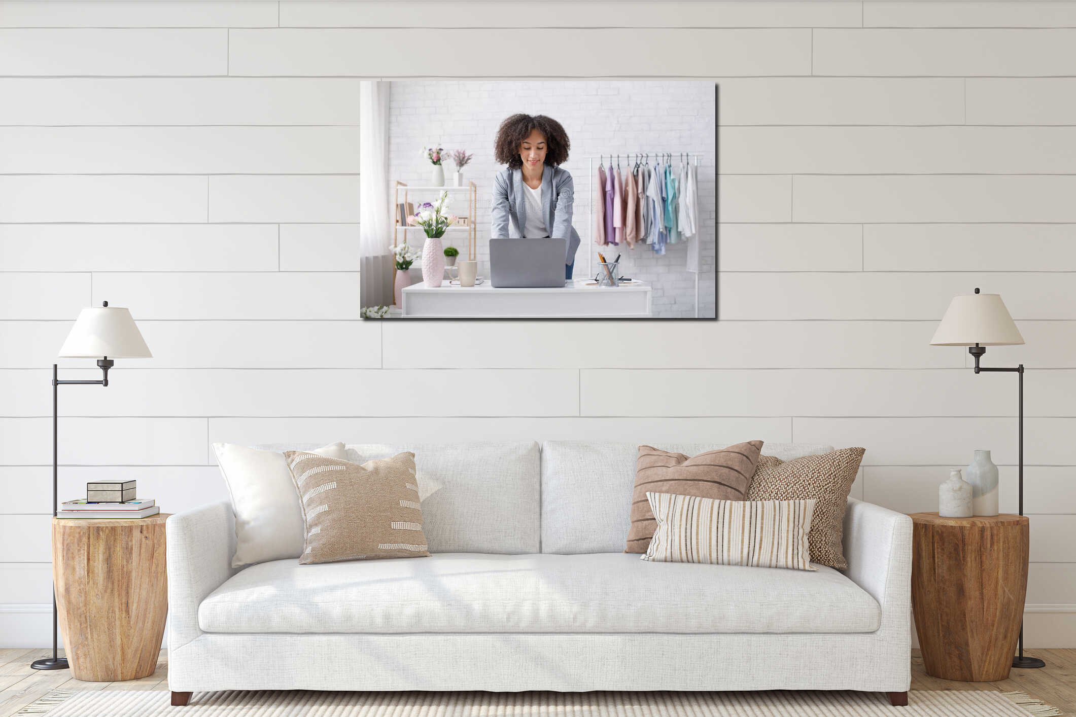 Online designer office remotely during covid-19 epidemic. Busy millennial african american female in business suit interior mockup