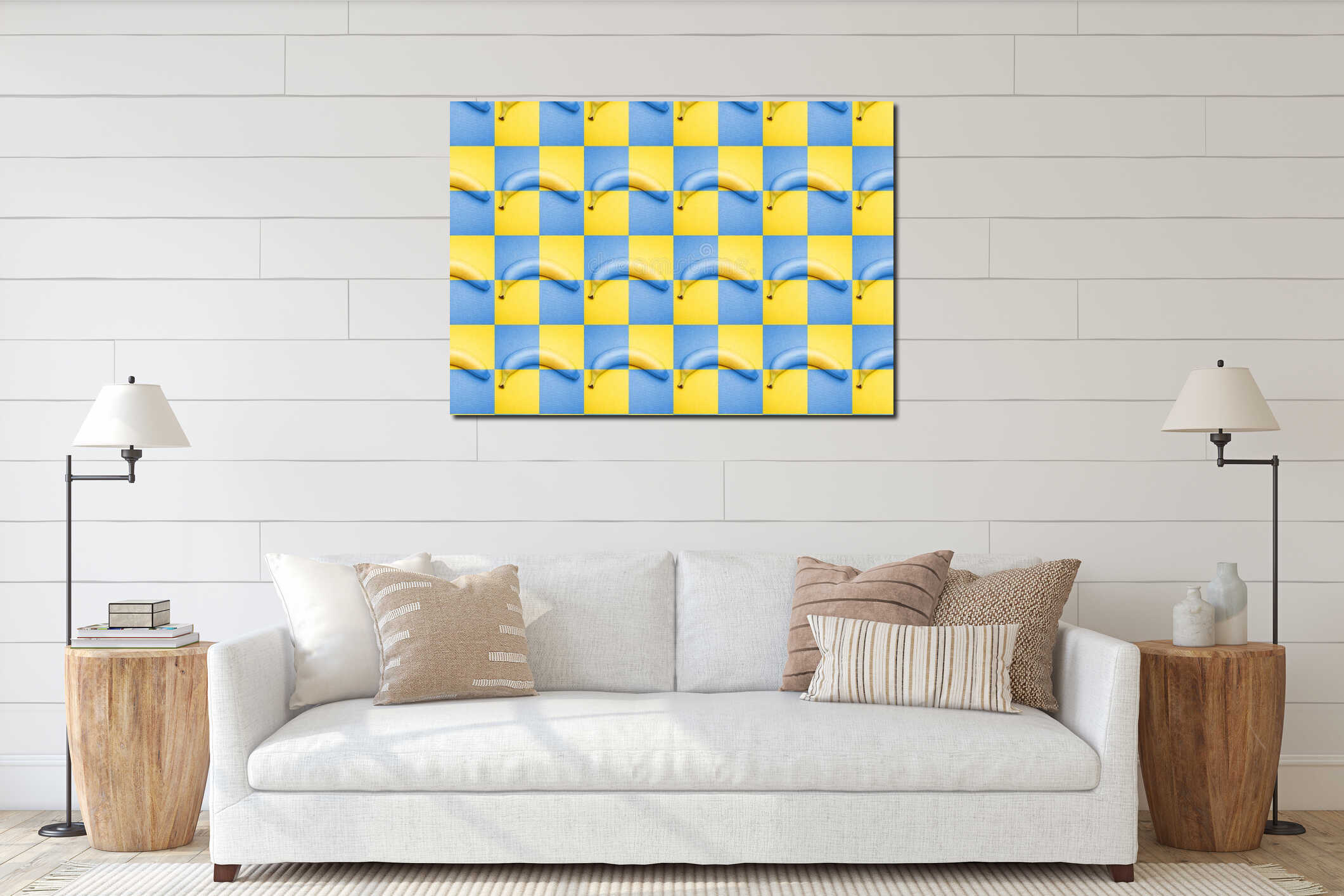 Abstract yellow and blue checkered background with bananas. Seamless pattern for packaging, wallpaper. Optical illusion interior mockup