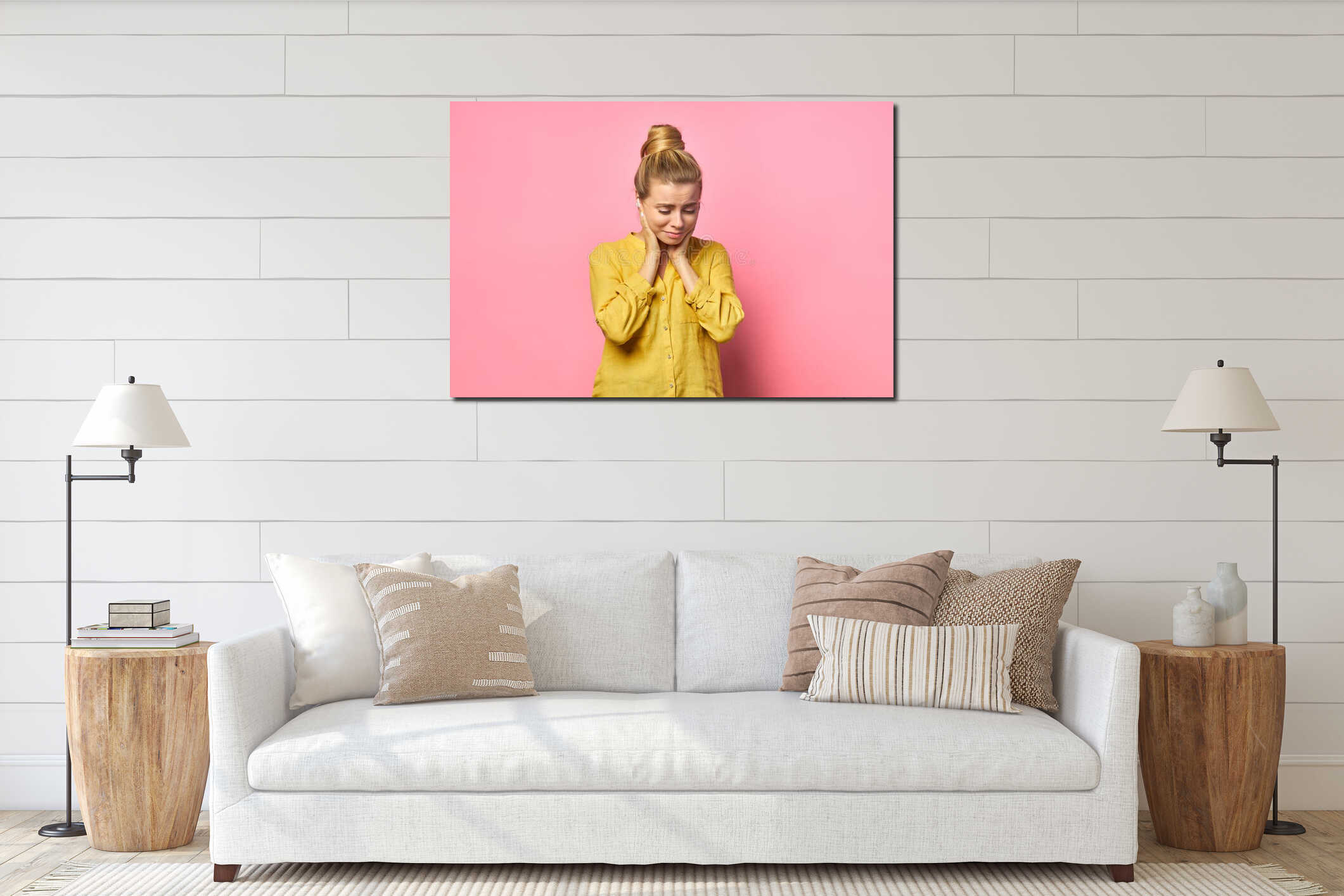 Emotional pretty young female stares at camera with eyes popped out, looks with bated breath, doesn t expect to hear interior mockup