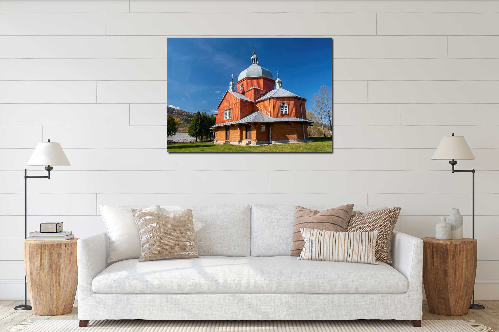 Scenic view of Greek Catholic wooden church of the St. Nicholas, Urych, Lviv region, Ukraine interior mockup