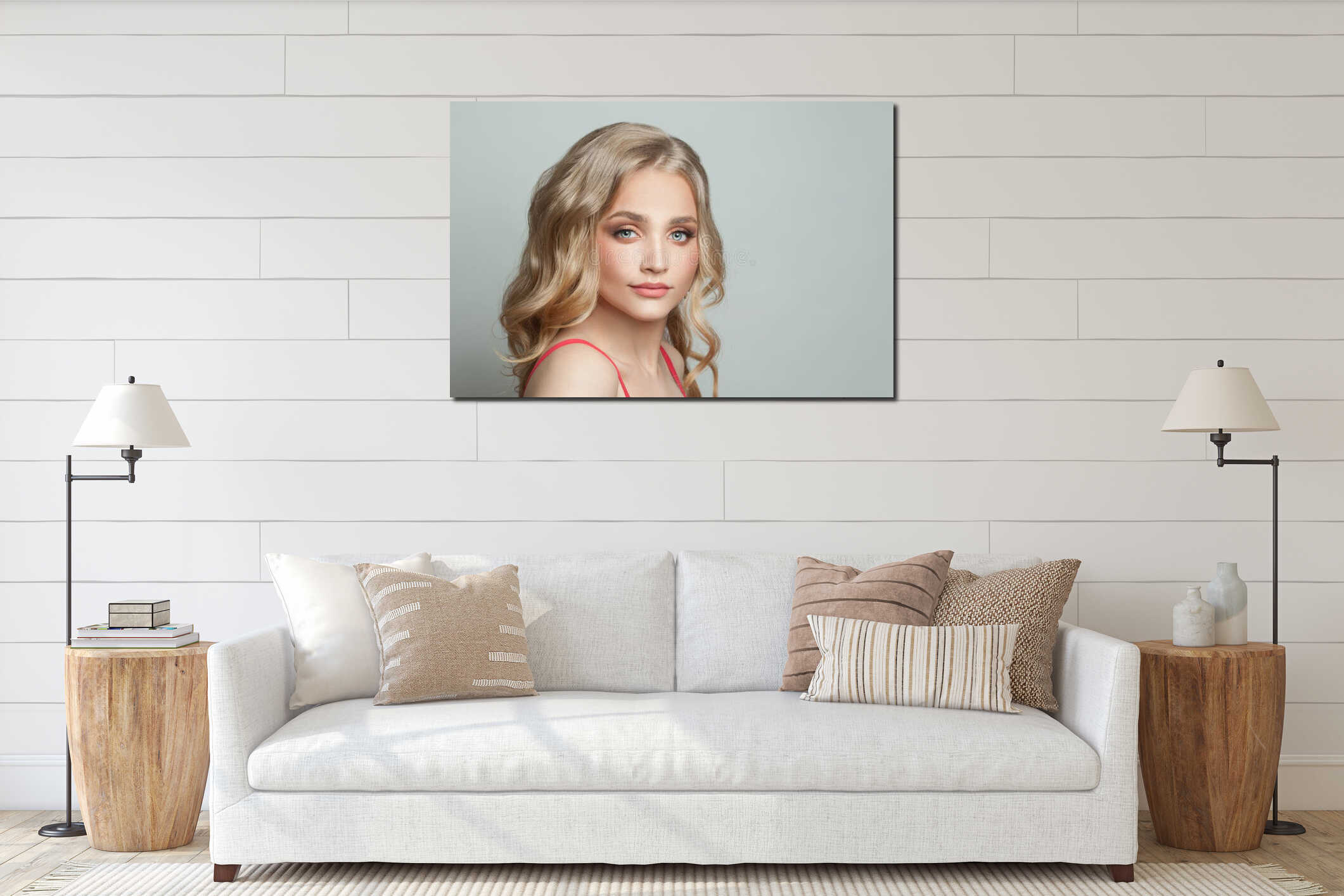 Pretty model portrait. Cute woman with long blonde hairstyle on white interior mockup