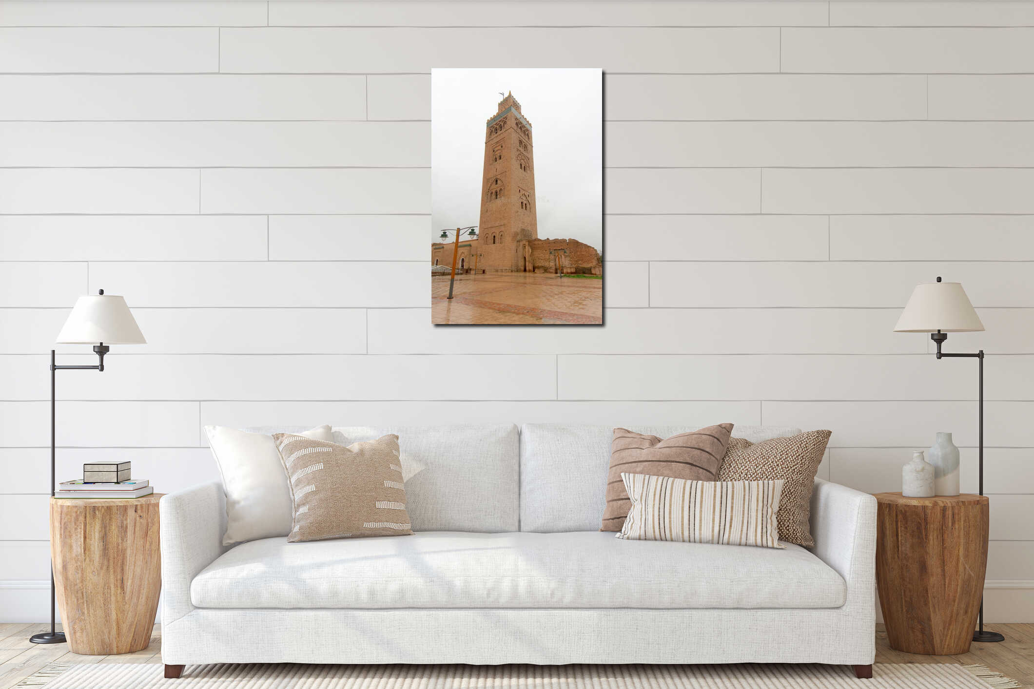 Tall minaret of historic mosque interior mockup
