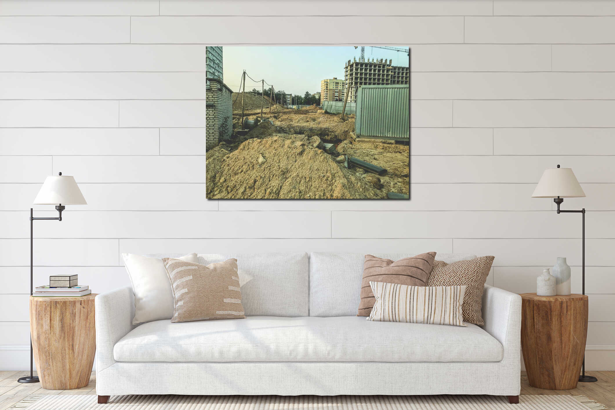Abandoned construction site. old, tall and gray concrete houses. the abandoned area is surrounded by a gray metal fence. the interior mockup