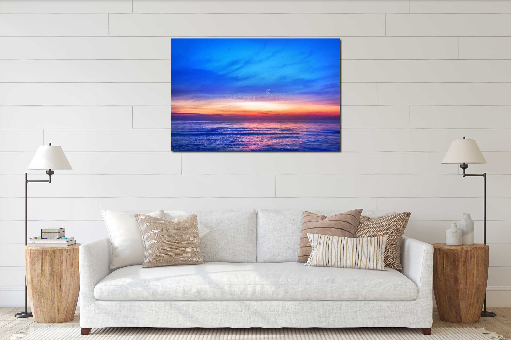 Beautiful pink sunset, blue sky, purple sea background, blurred watercolor sunrise, quiet ocean beach landscape, peaceful morning interior mockup
