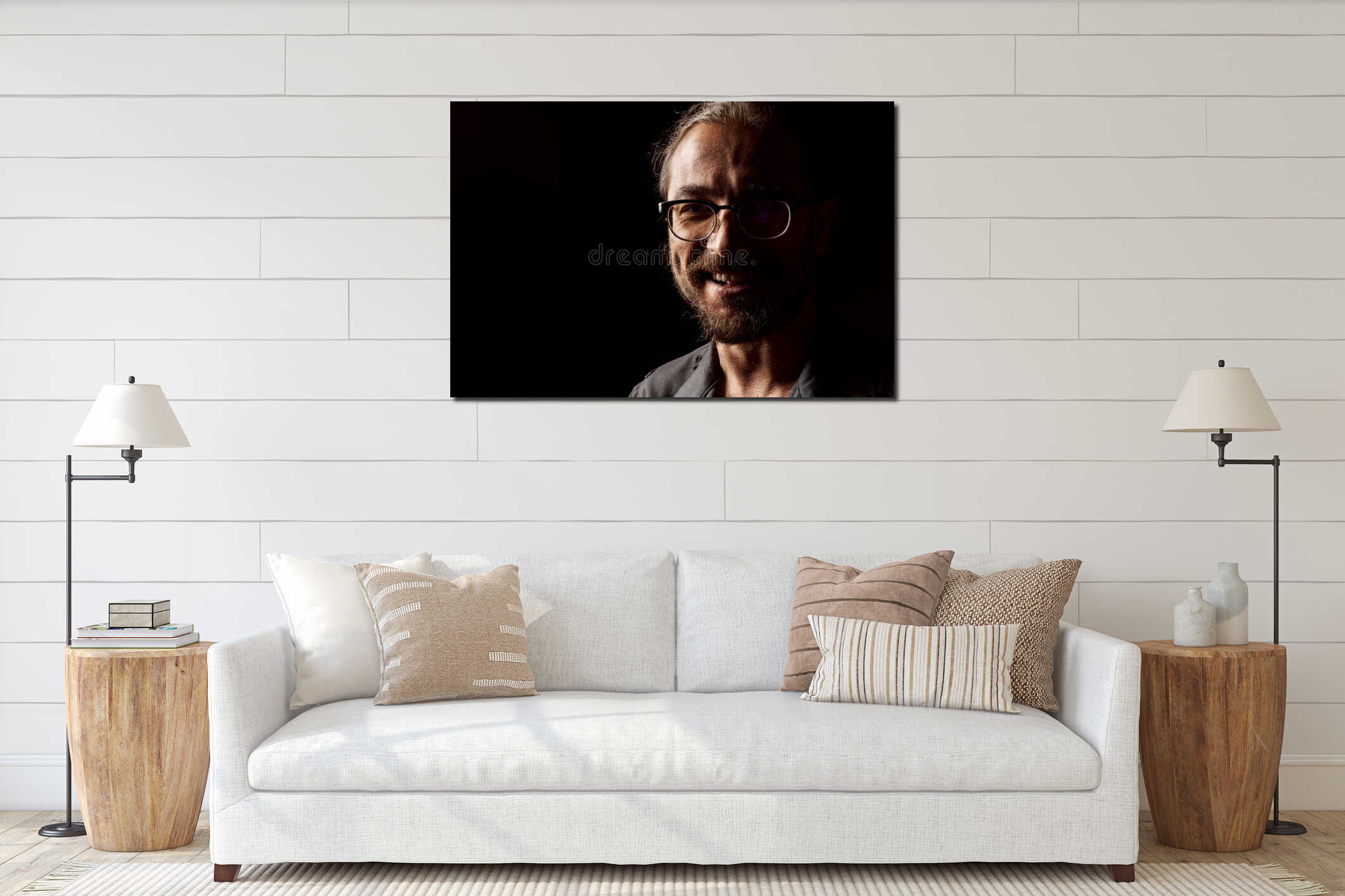 Dark studio portrait of a middle-aged man with beard in glasses interior mockup